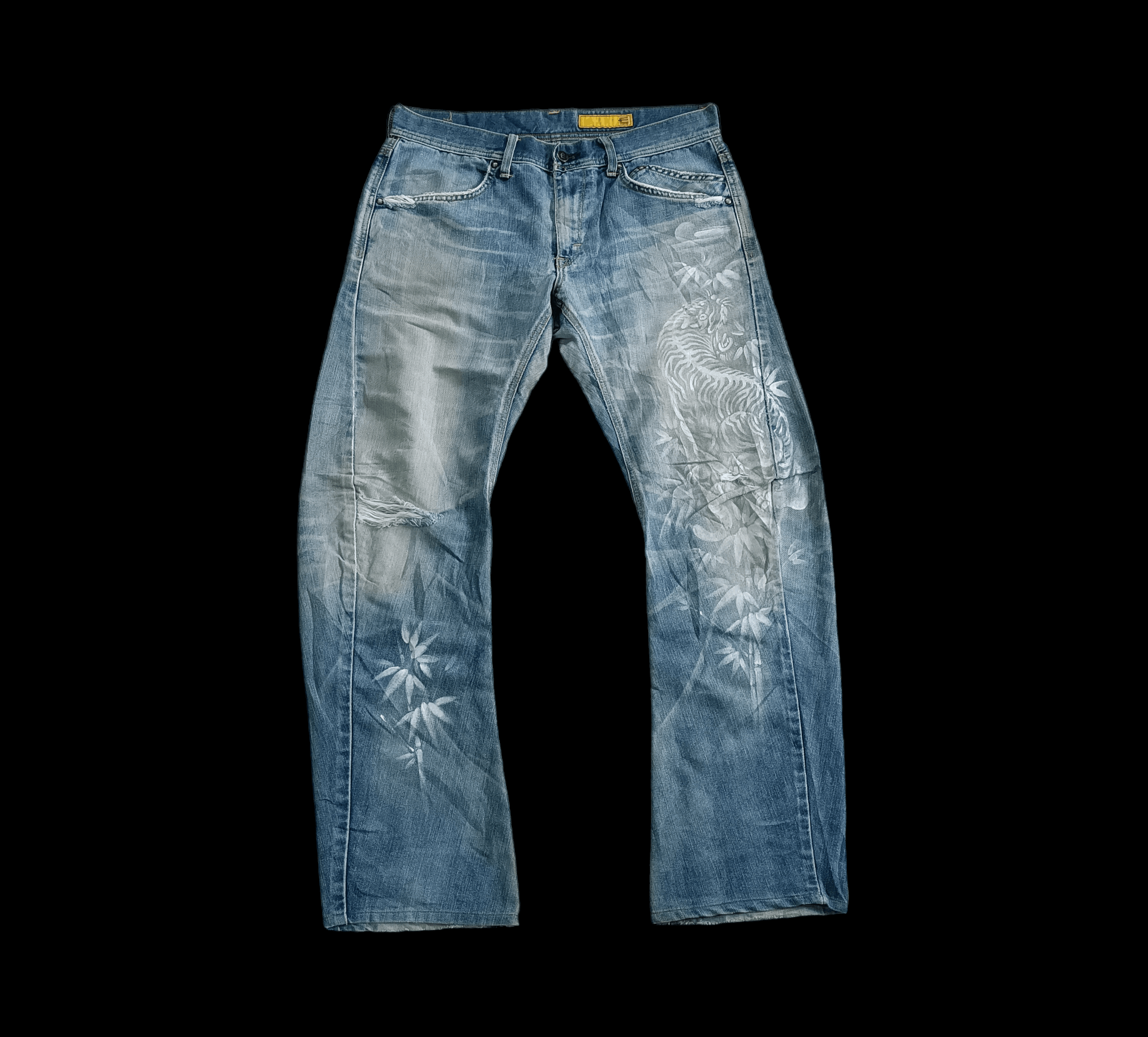 image of Distressed Denim x Edwin Vintage Edwin Func Japanese Tiger Motive Painted Denim in Blue (Size 34)