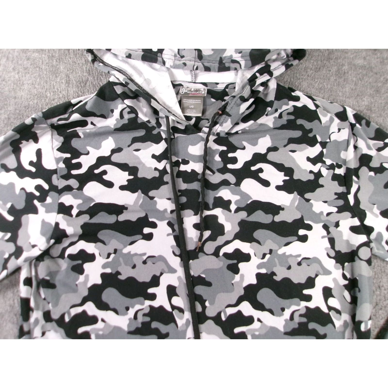 Vintage Jammies by HIPstyle Hoodie Womens L Gray Black White Camouflage Hood Pullover Zip Full Zip Pockets Hooded Drawstring Ribbed Cuff Polyester Spandex Size L / US 10 / IT 46 - 2 Thumbnail