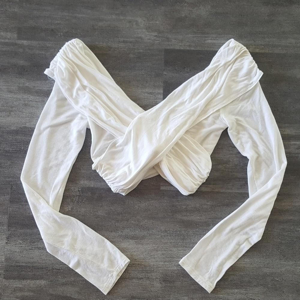 Designer White Wrapped Poetry Crop Long Sleeve Size S / US 4 / IT 40 - 1 Thumbnail