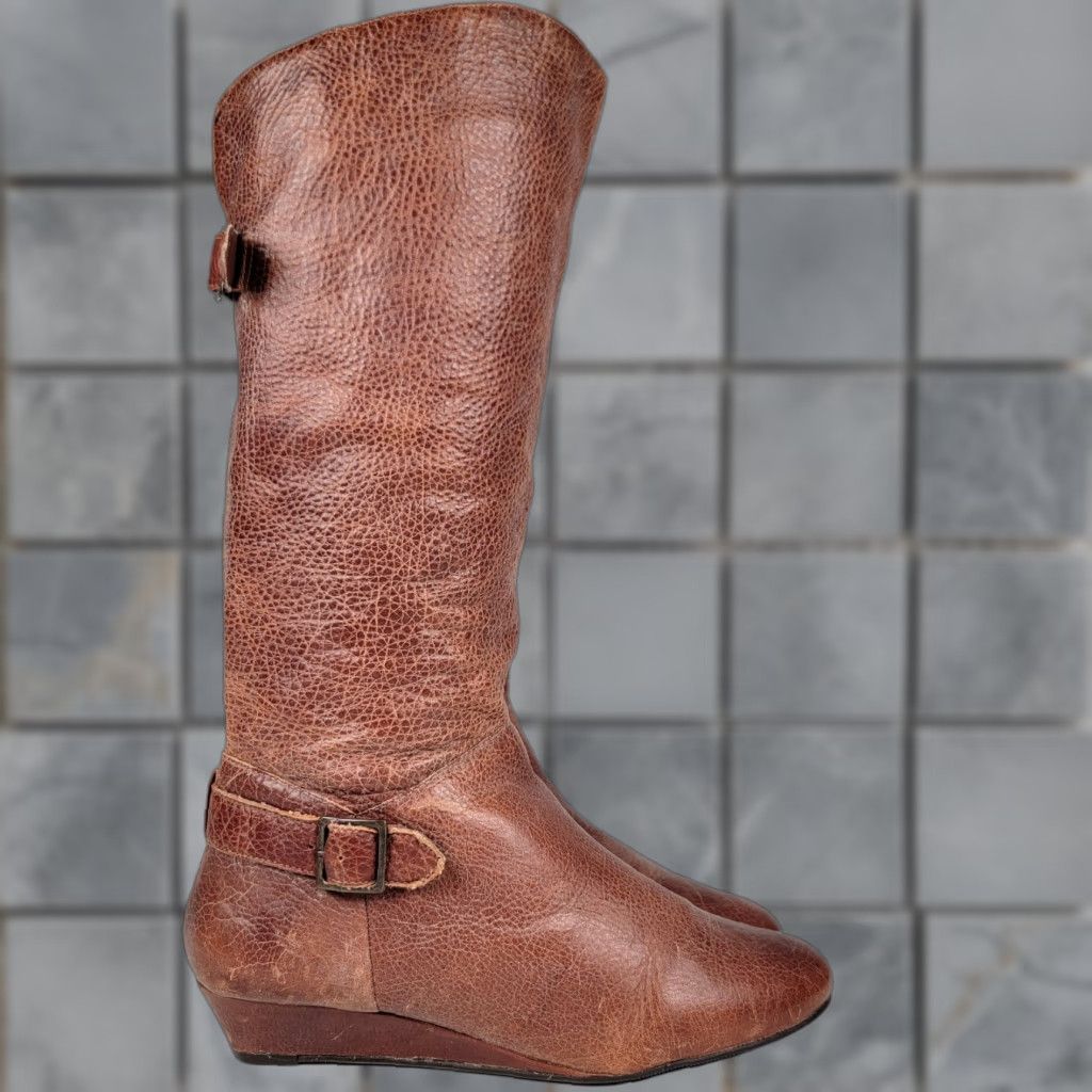 Vintage VINTAGE Cathy Jean Boots Women’s 8 Brown Tan Leather Riding Low Heel Calf Mid-Low Shaft Slip On Buckle 90s Y2K Brown Leather Boots Womens Size 30" / US 8 / IT 44 - 1 Thumbnail