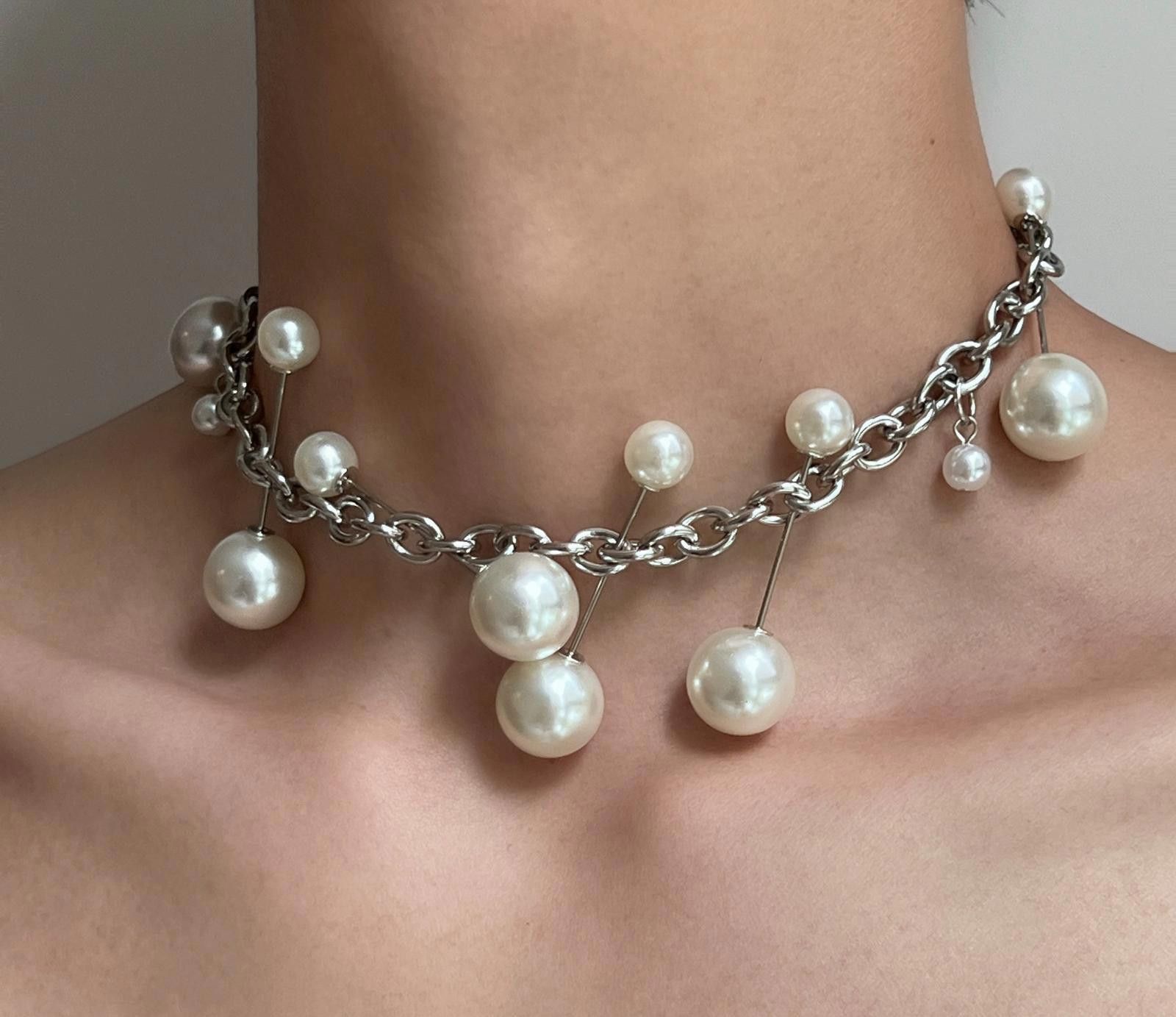 Jewelry Silver Chain Pearl Accent Choker Necklace, Statement Jewelry Size ONE SIZE - 5 Thumbnail