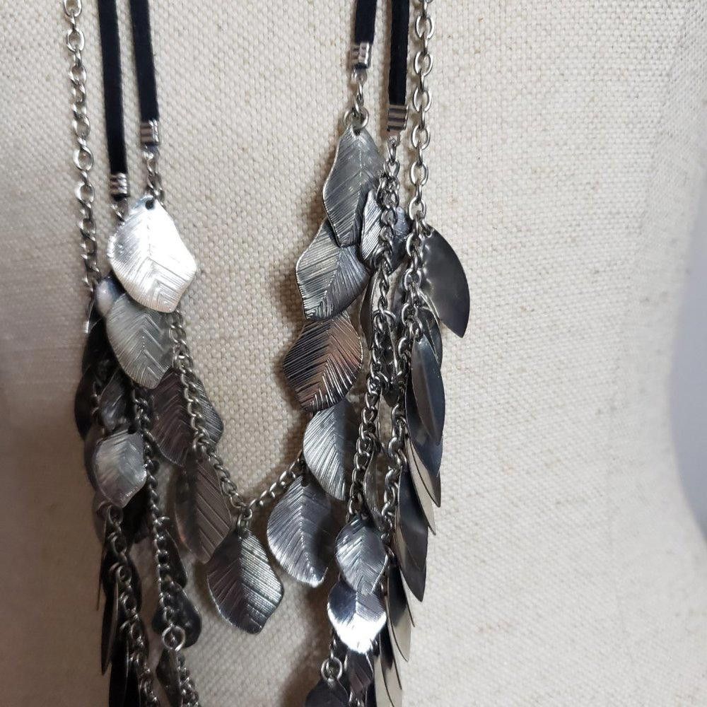 Designer Leather & Chain Multi Strand Leaf Tassel Long Necklace 36" Size ONE SIZE - 3 Thumbnail