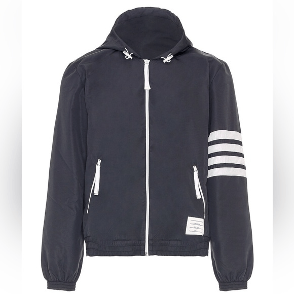image of Thom Browne Ripstop Striped Sleeve Hooded Zip-Up Mesh Jacket in Blue, Men's (Size Medium)