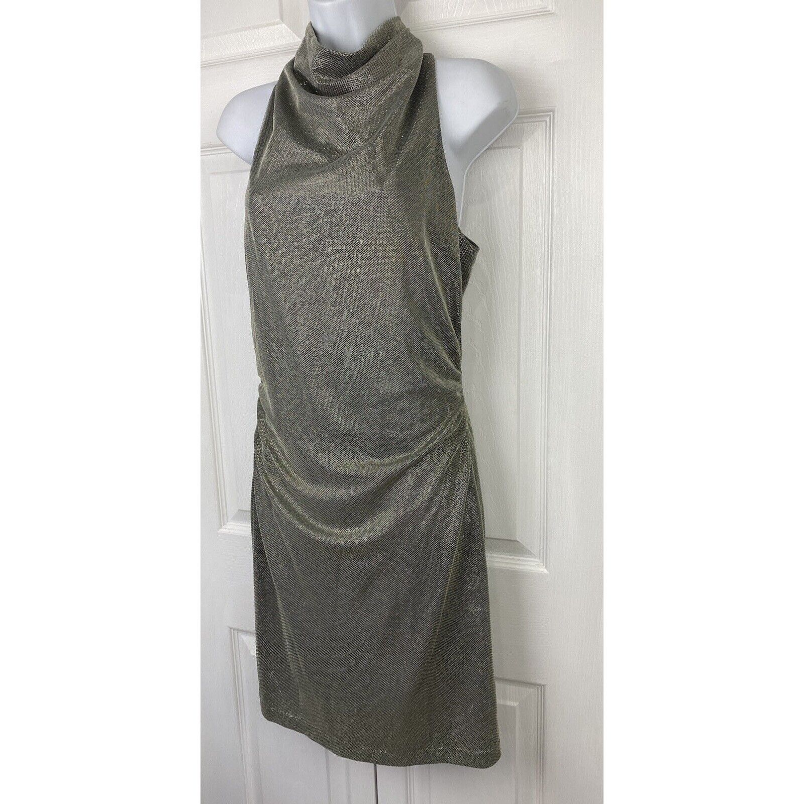 Halston Halston Mock Neck Dress Sleeveless Lined Gold Shimmer Cinch Size M / US 6-8 / IT 42-44 - 2 Thumbnail