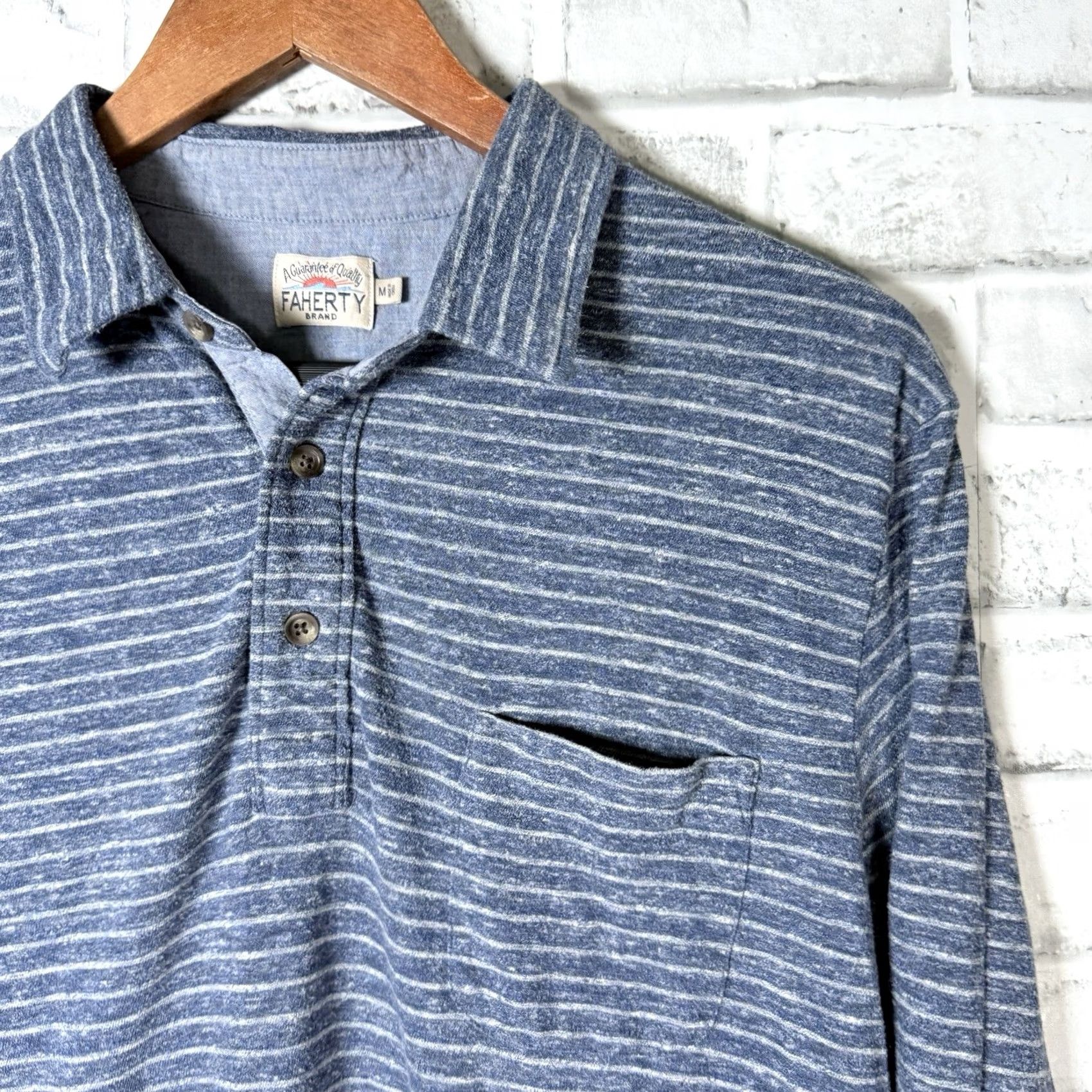 Faherty Faherty Polo Shirt Mens Size M Blue Striped Long Sleeve organic Cotton blend Pocket Size US M / EU 48-50 / 2 - 2 Thumbnail