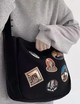 Fashion Y2K Patches Canvas Shoulder Messenger Bag Vintage in Black, Men's