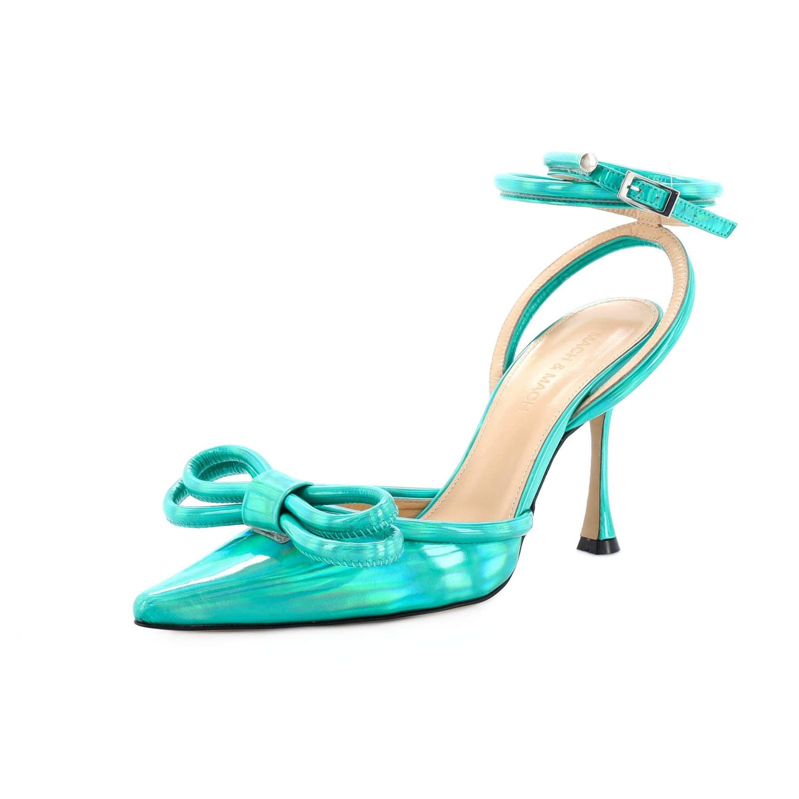 image of Mach&mach Women's Double Bow Ankle Strap Pumps Iridescent Leather None Shoes in Green (Size 7)