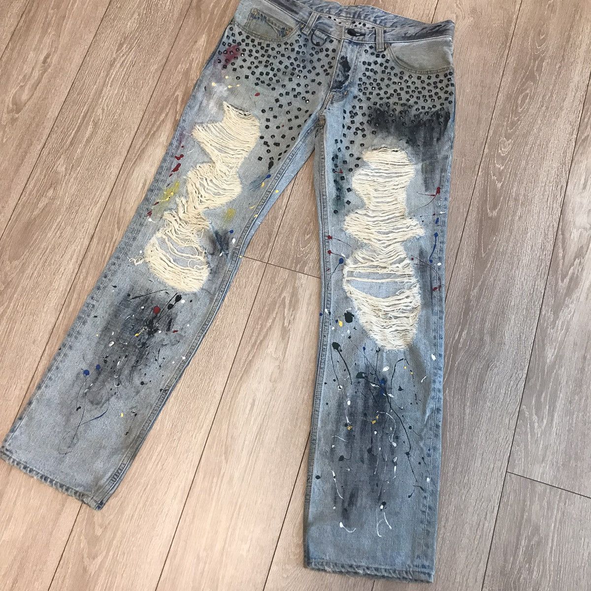 Number (N)ine Number (N)ine 06SS “Guns/Rose” Paint-Splatter Studded Denim Size US 28 / EU 44 - 1 Thumbnail
