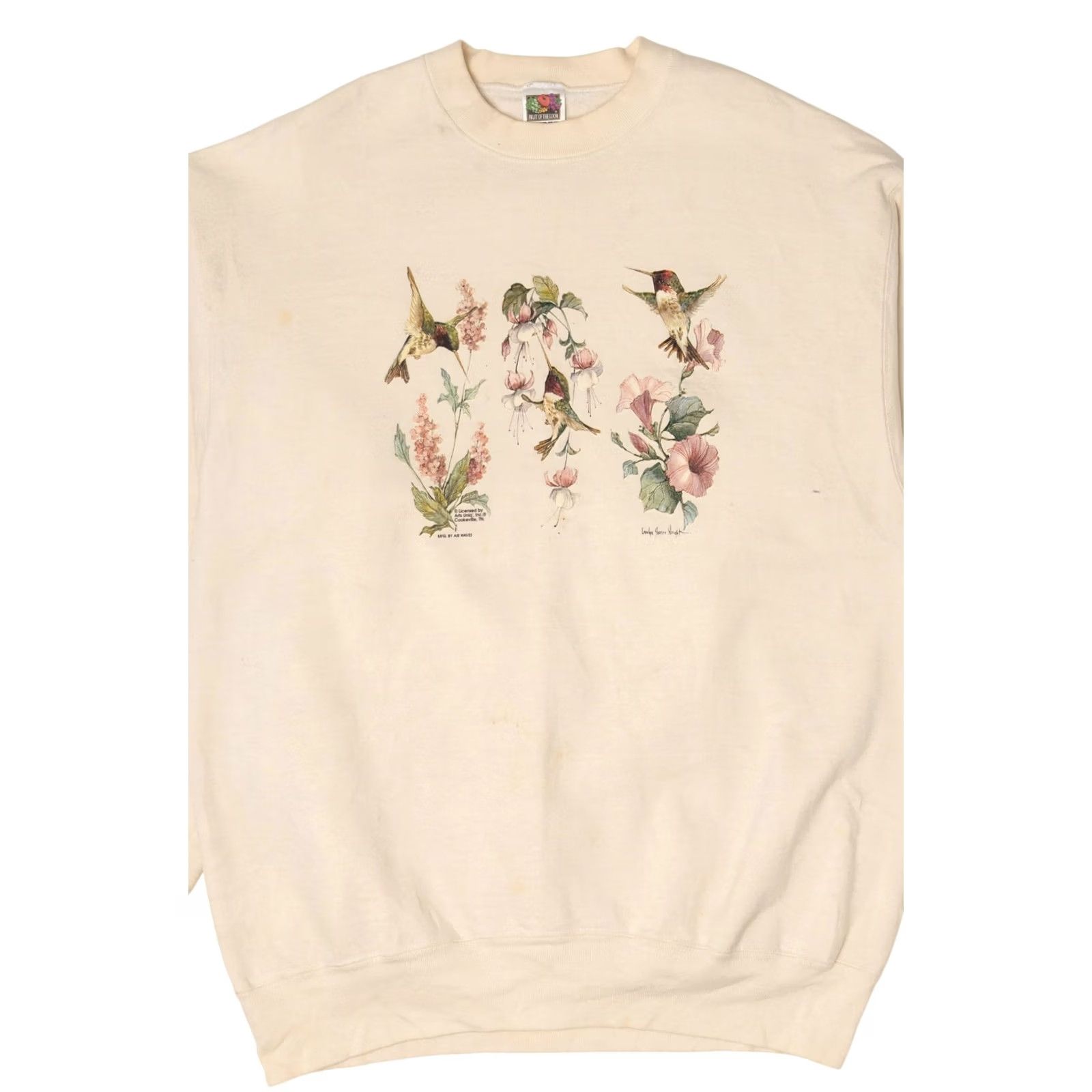 Fruit Of The Loom VINTAGE Hummingbirds And Flowers Sweatshirt Fruit of the Loom X-Large Beige 1990s Long Sleeve Cotton / Polyester Mens Womens Boys Girls Size US XL / EU 56 / 4 - 5 Thumbnail