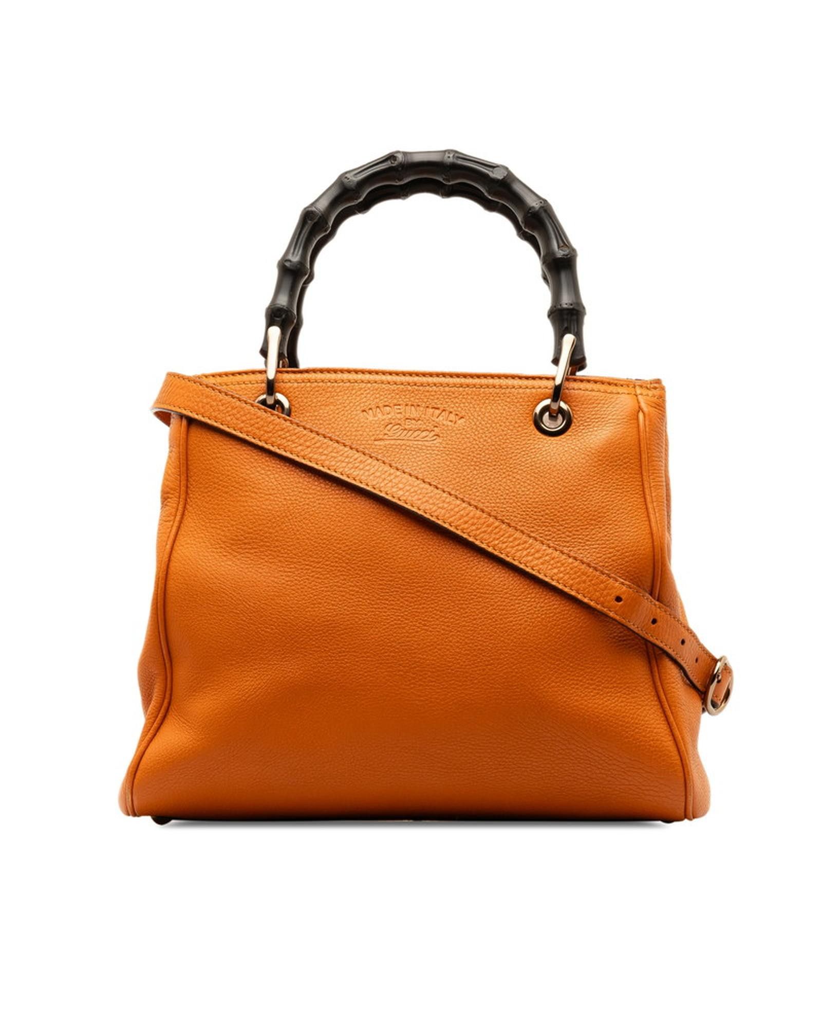 image of Gucci Orange Leather Shopper Tote Bag With Bamboo Handle, Women's