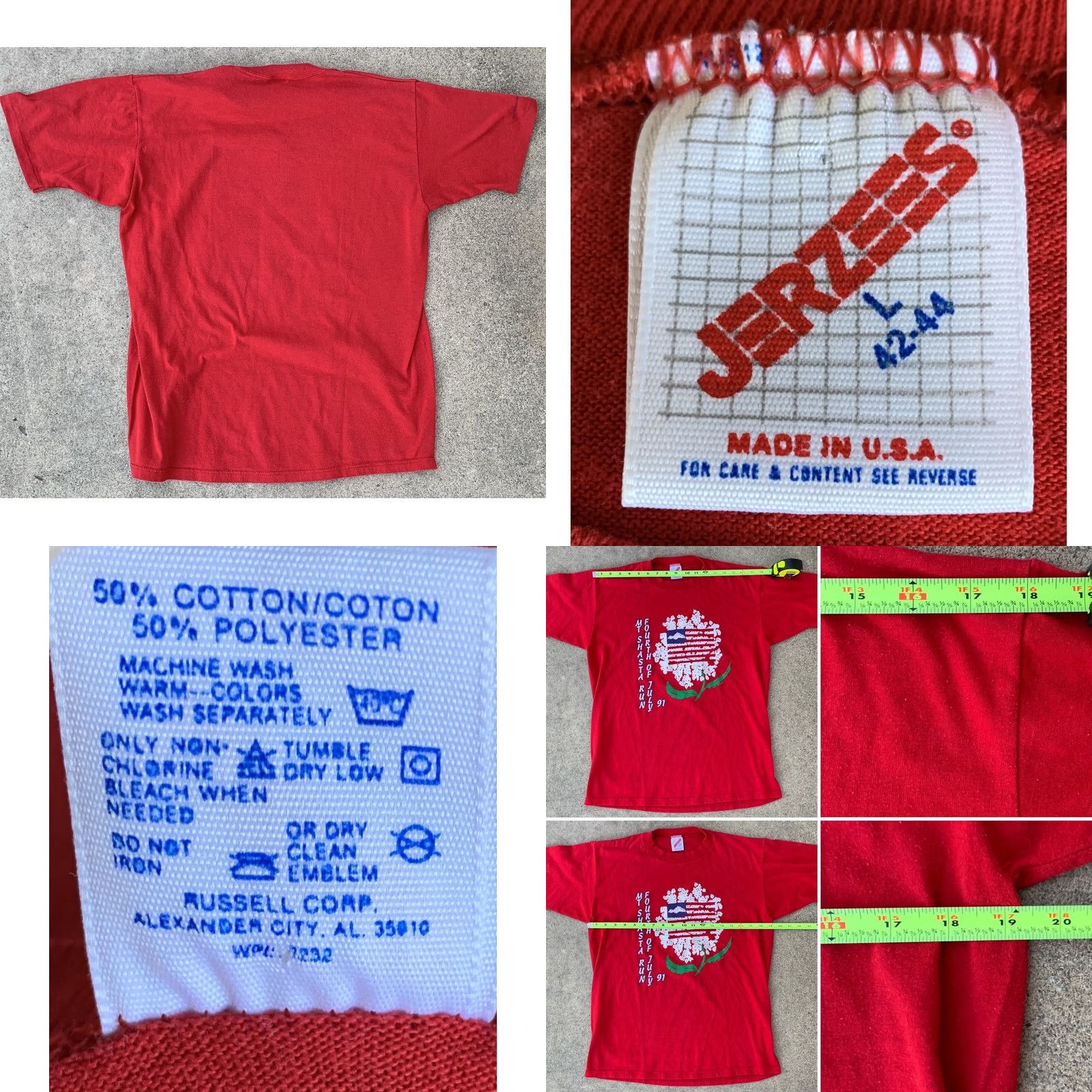 Jerzees Vintage Mt Shasta Run Fourth Of July 91 T Shirt Jan Sousa Graphics Flag L Mens Graphic Tee 50/50 Cotton Blend Red 1991 90s Size US L / EU 52-54 / 3 - 8 Thumbnail