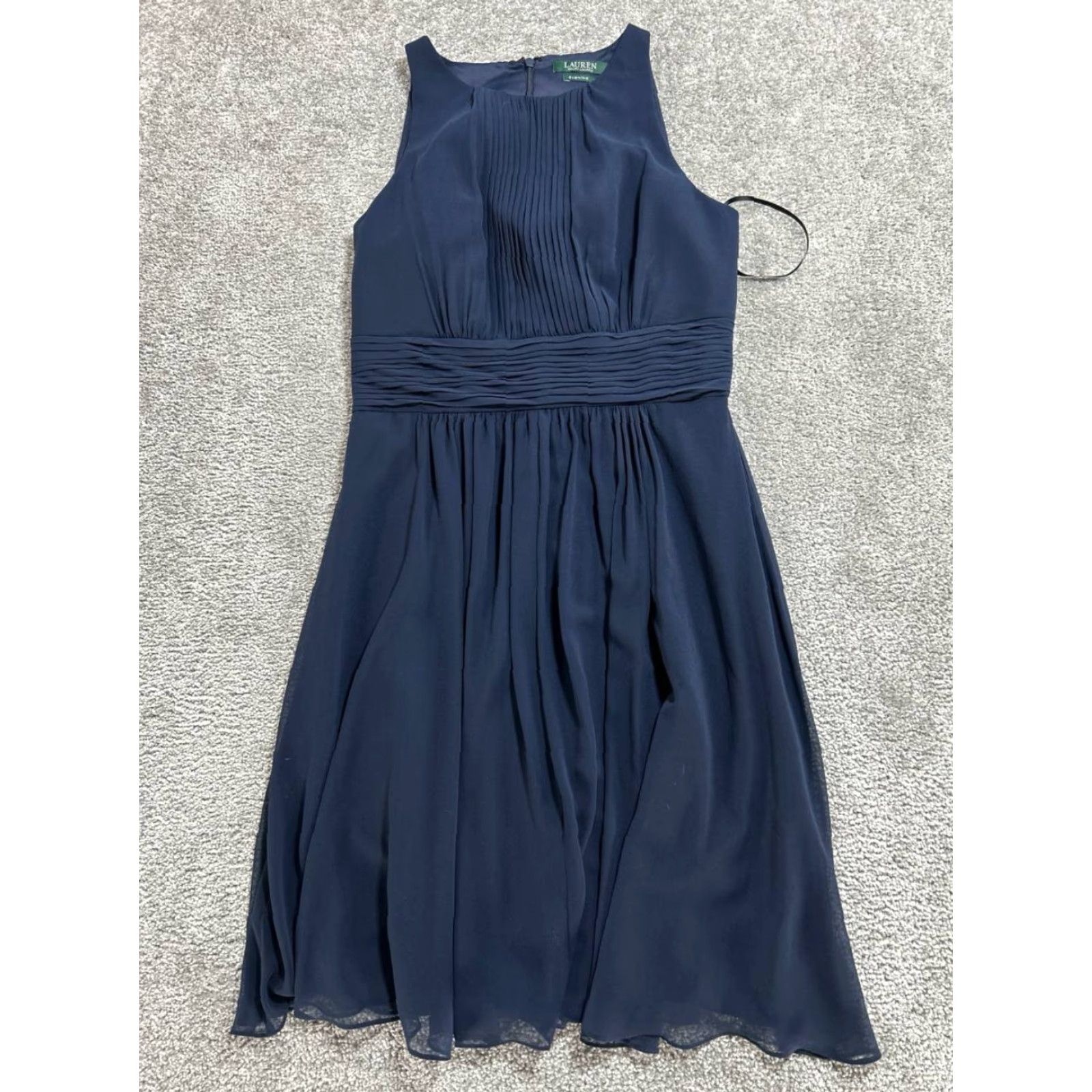 Lauren Ralph Lauren Dress Womens 8 Blue Chiffon Back Zip Evening Fit Flare