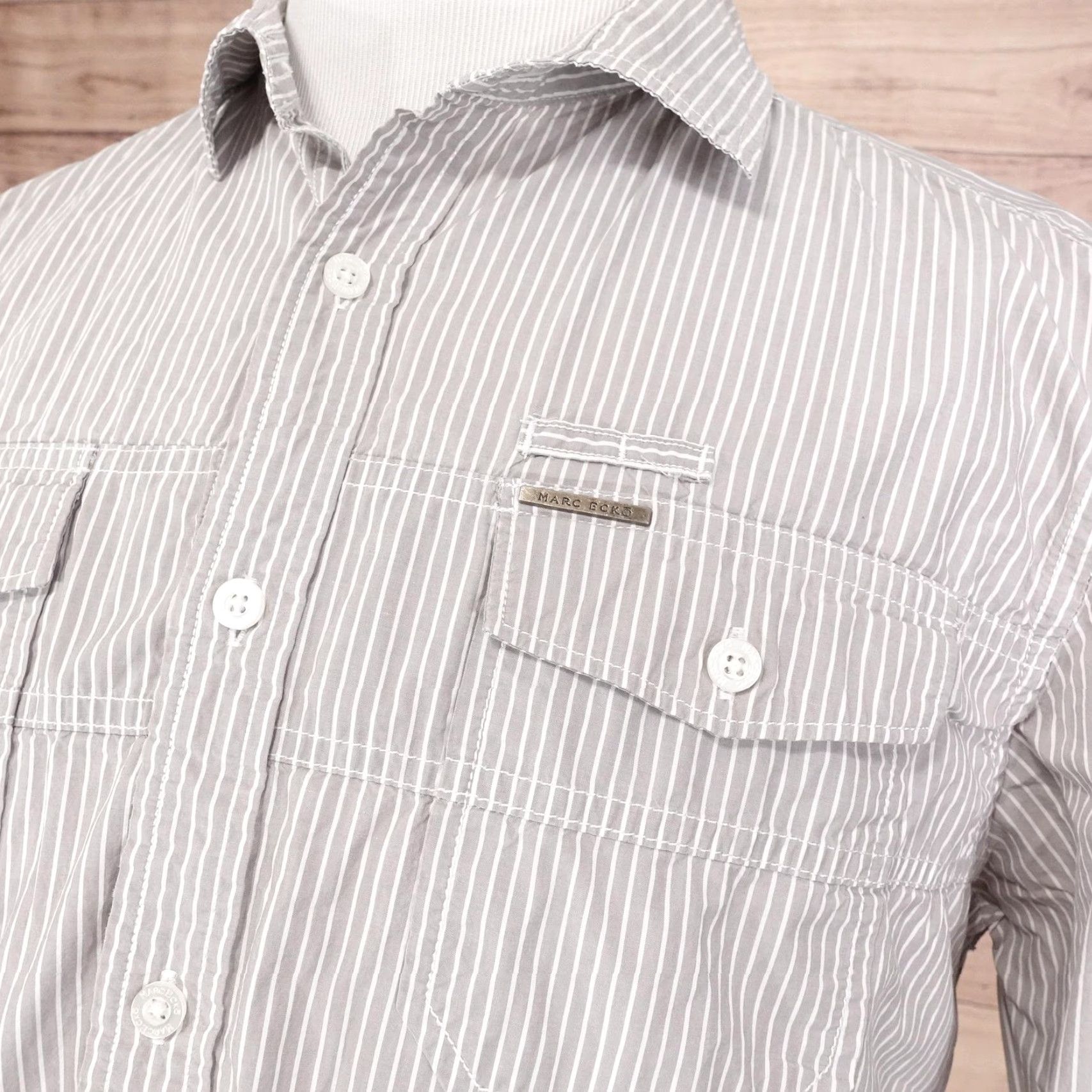 Marcs Marc Ecko Shirt Men Large Gray White Striped Button-Up Long Sleeve Casual Pockets Size US L / EU 52-54 / 3 - 2 Thumbnail