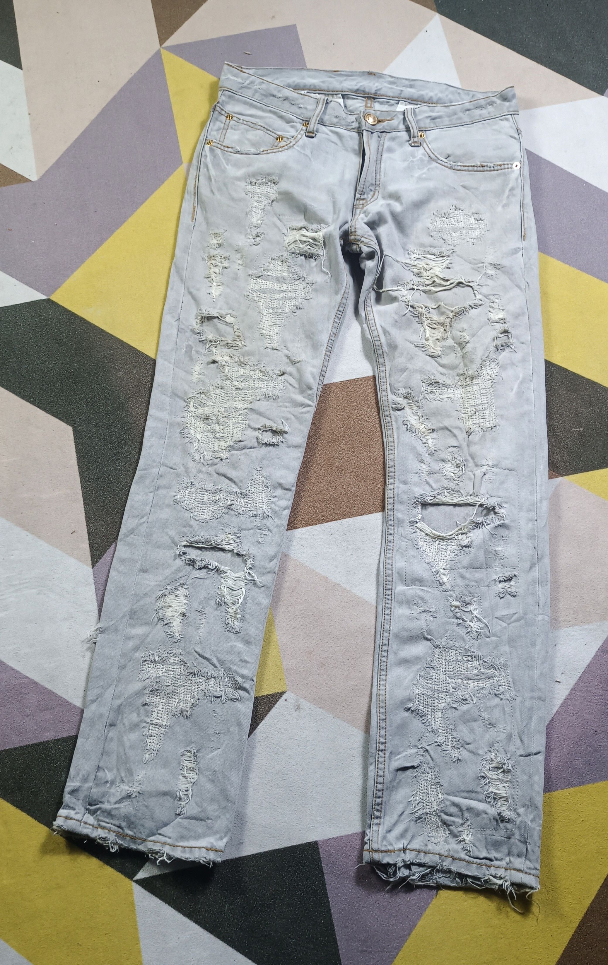 If Six Was Nine 2000s🔥Steel Blue Japan Like Undercover Crash Jeans Size US 33 - 2 Thumbnail
