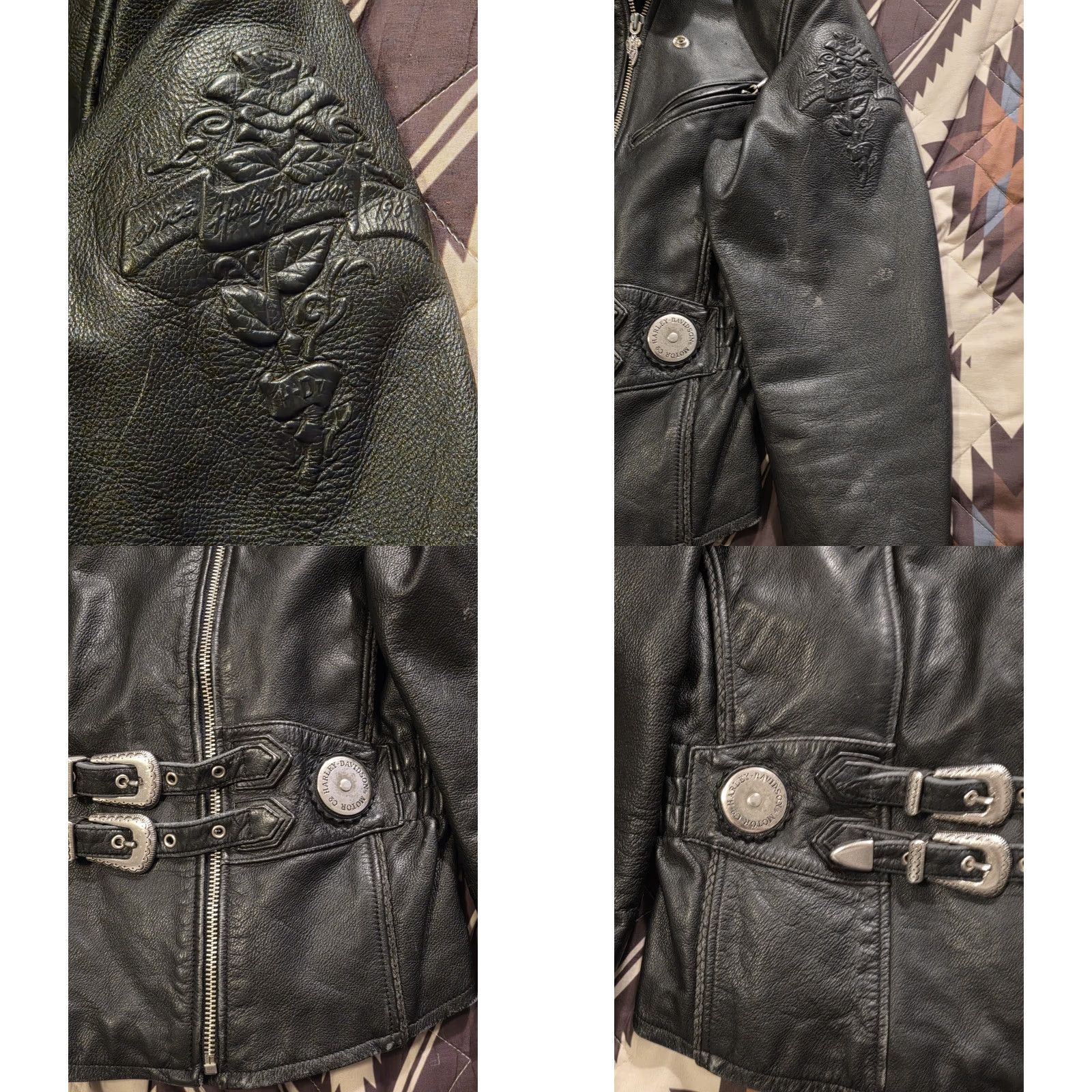 Harley Davidson VINTAGE Harley-Davidson Womens Sierra Rose Embossed Leather Jacket Black Medium Size M / US 6-8 / IT 42-44 - 8 Thumbnail