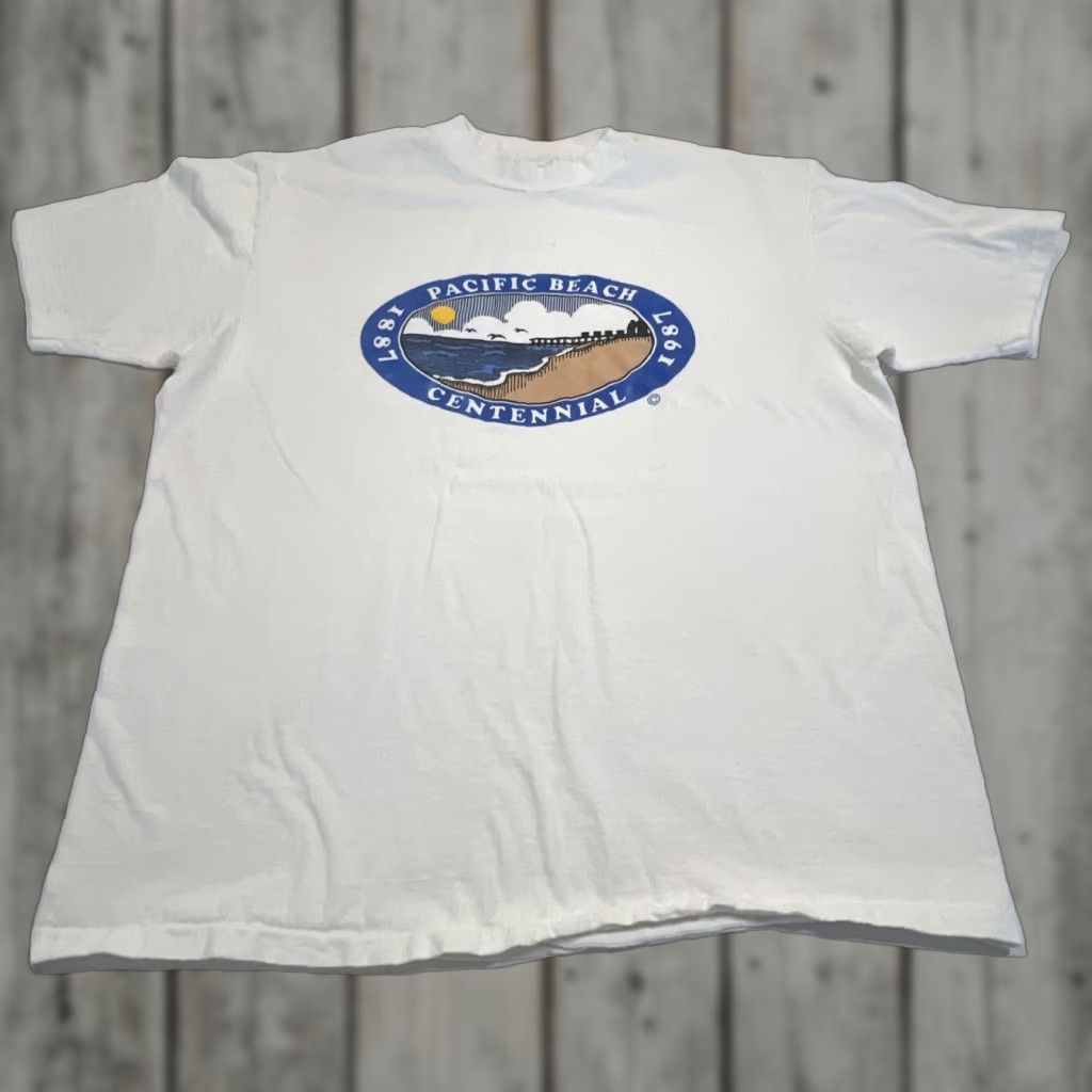 Hanes VINTAGE Pacific Beach Centennial T Shirt Men’s XL White 1987 Graphic Tee Hanes Single Stitch California Mens Size US XL / EU 56 / 4 - 1 Thumbnail