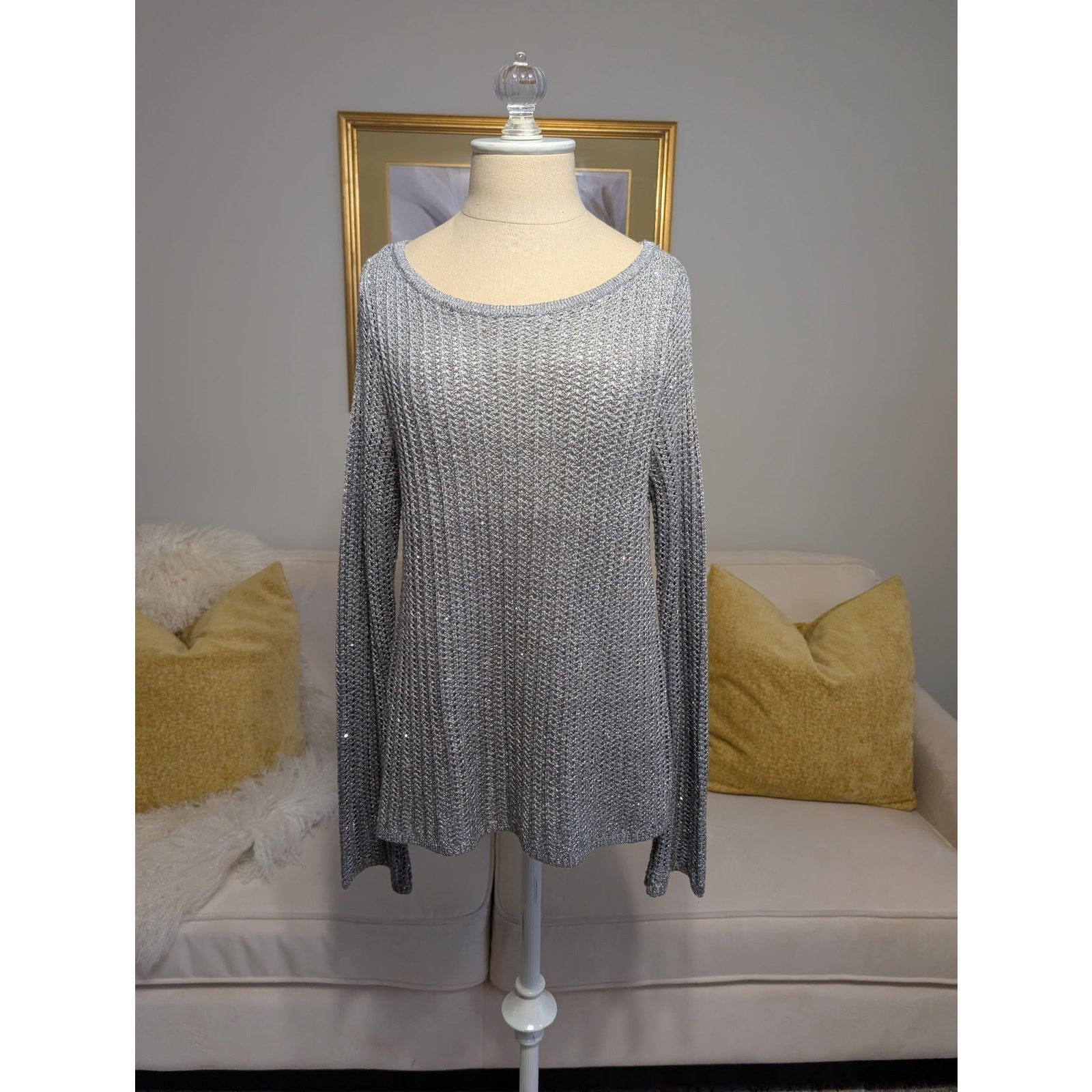 White House Black Market WHBM Silver Metallic Ombre Split-Back Sweater Size M / US 6-8 / IT 42-44 - 1 Thumbnail