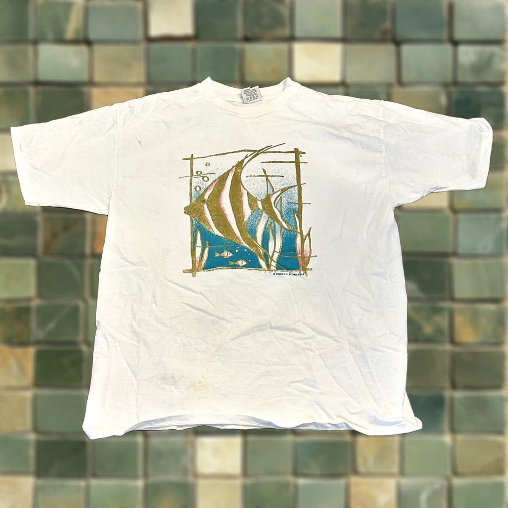 Vintage VINTAGE Diamond Dust Tropical Fish Shirt Mens XL White Cotton Single Stitch T 90s Solid Crew Neck Short Sleeve Stained Size US XL / EU 56 / 4 - 1 Thumbnail