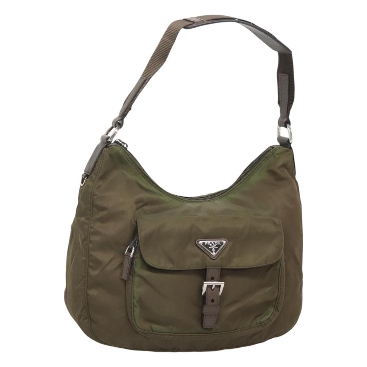 Prada Shoulder Bag Nylon Khaki Silver Auth 122004, Women's