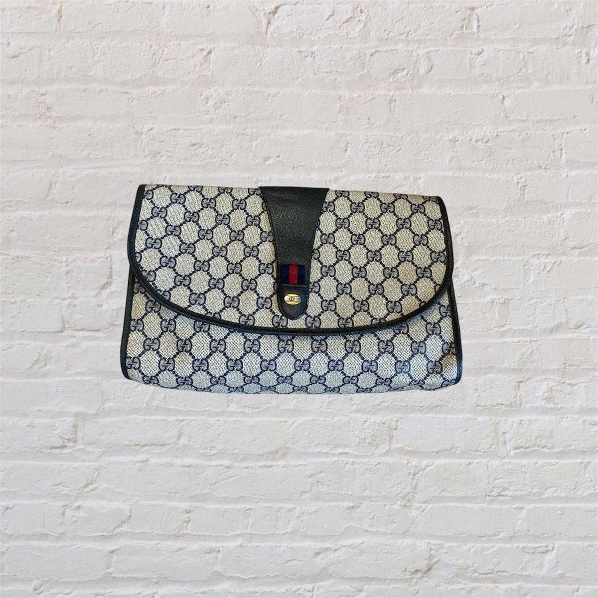 バッグ Vintage Gucci GG pattern clutch bag GUCCI Vintage GG Web PVC Canvas Leather Navy Blue Clutch Bag