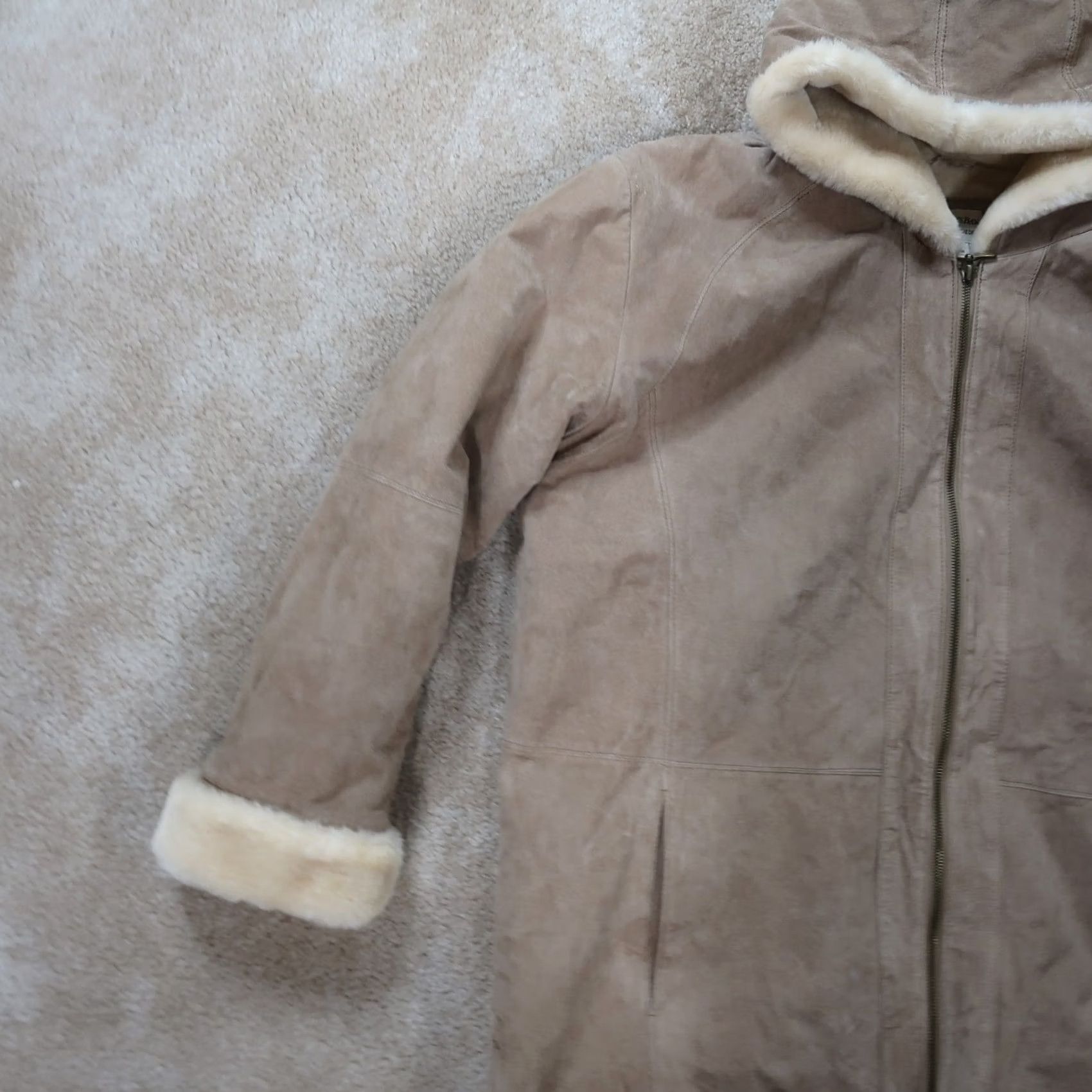 Vintage St Johns Bay Coat Jacket Womens Large Tan Suede Leather Washable Lined Zip Hooded Mid-Length Size L / US 10 / IT 46 - 2 Thumbnail