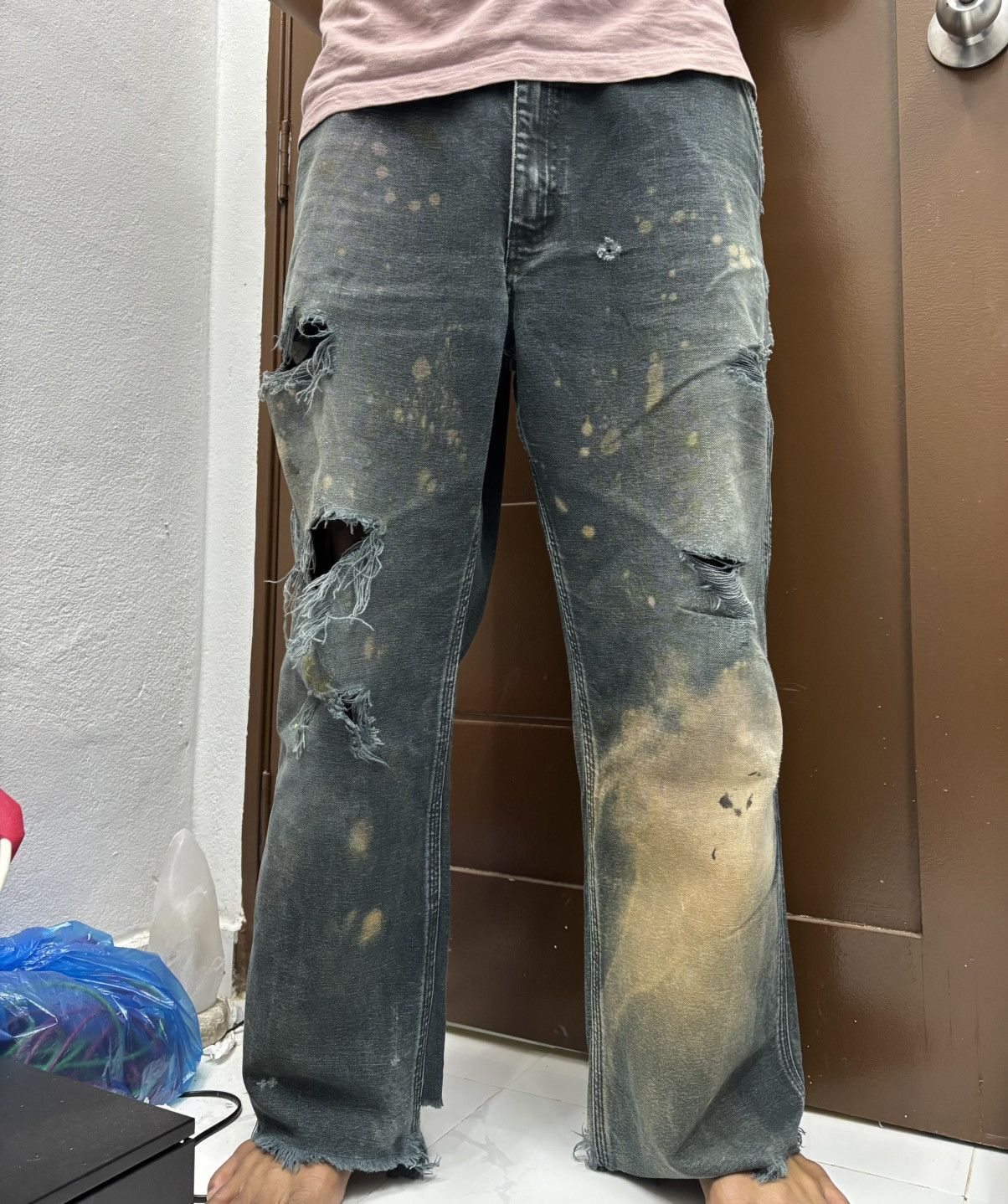 Kapital CARHARTT THRASHED DISTRESSED TYE DYE CUT LEG BAGGY JEANS Size US 36 / EU 52 - 14 Thumbnail