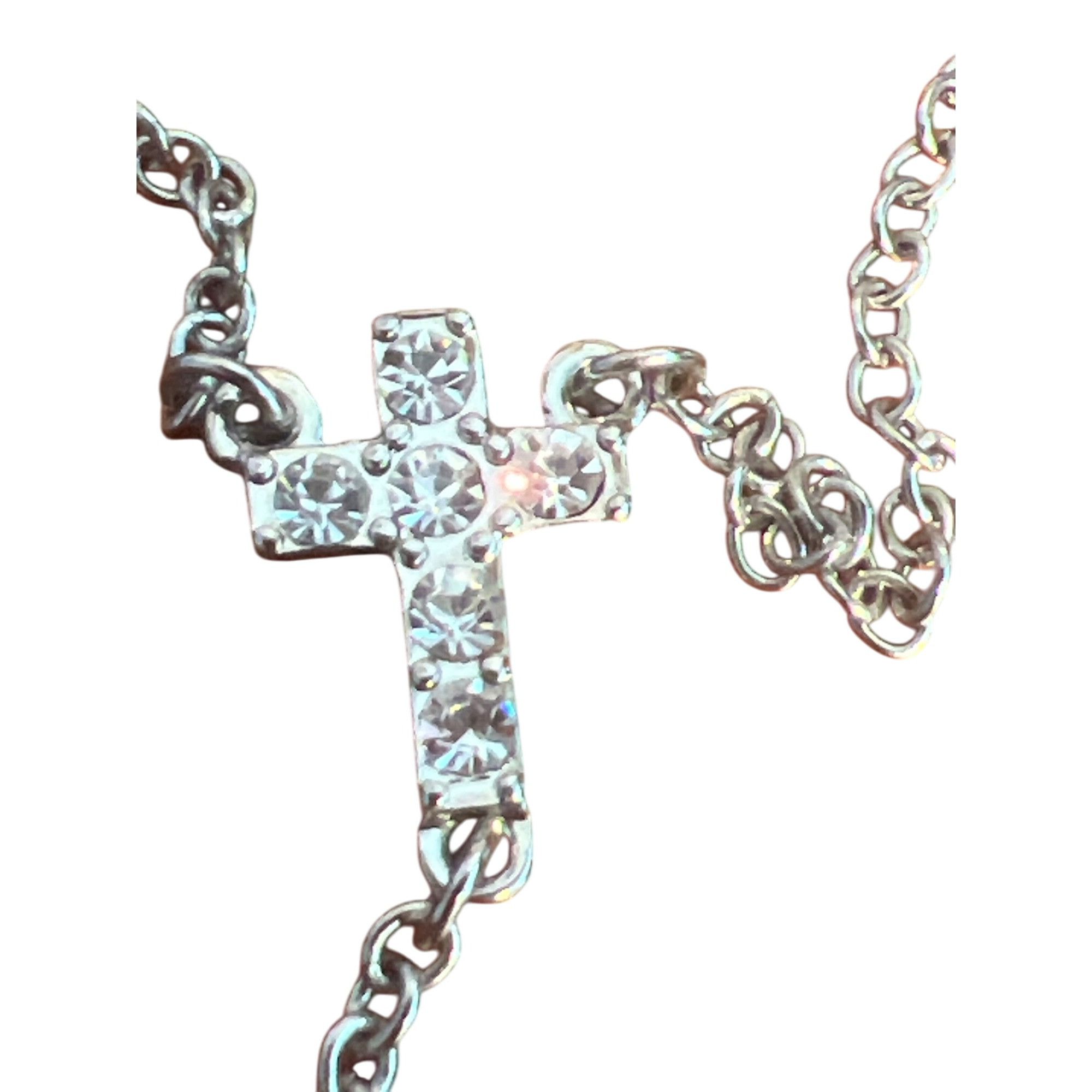 Other Vintage Silver Tone Cross Y Necklace Clear Rhinestones Lobst Size ONE SIZE - 3 Thumbnail