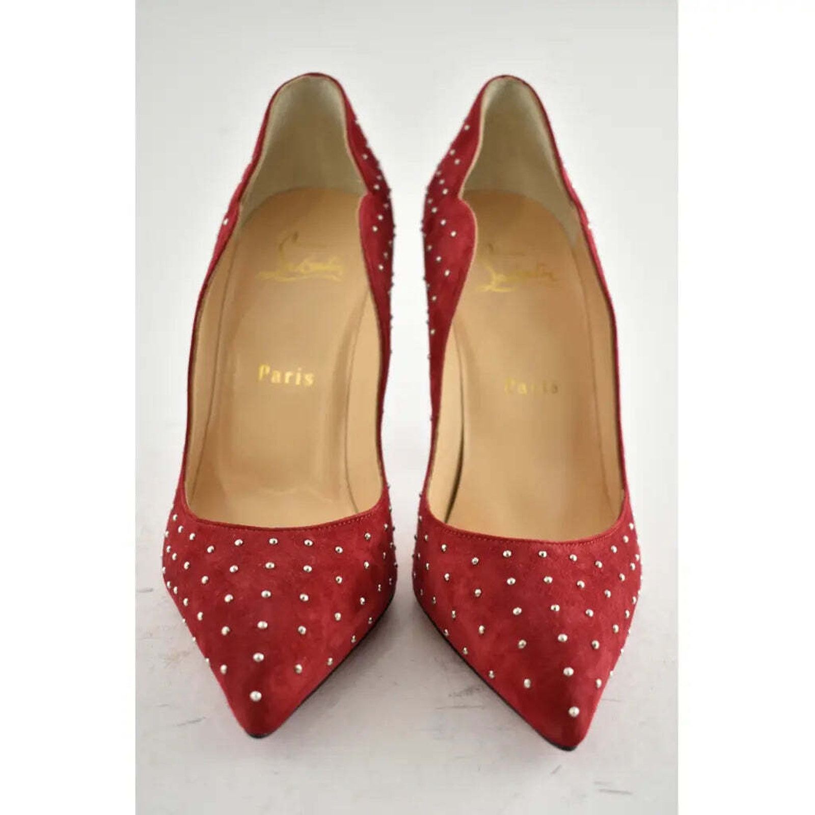 Christian Louboutin Hot Chick Plume 100 Red Carmen Stud Suede Heel Pump 40 Size US 10 / IT 40 - 6 Thumbnail