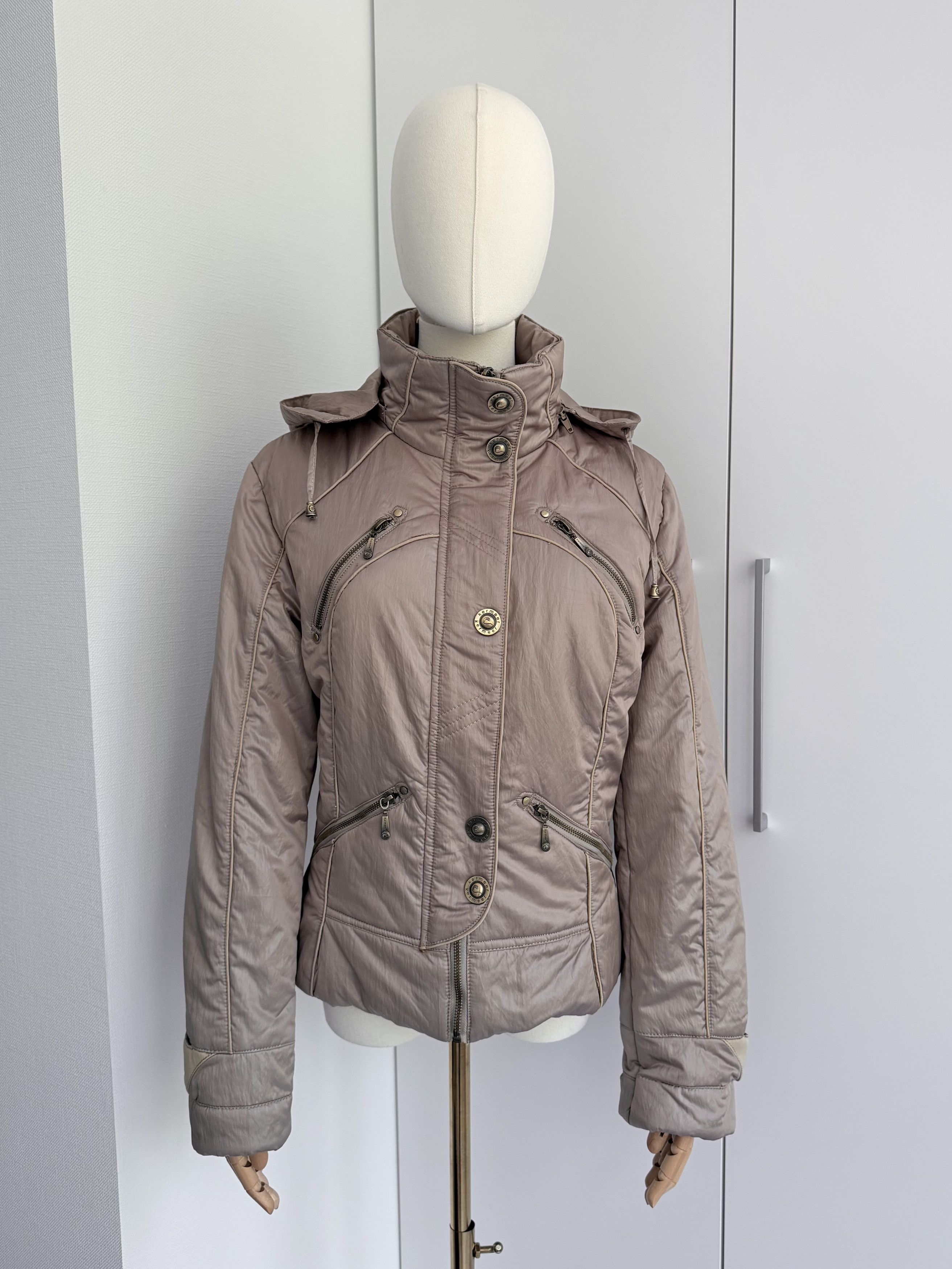 Vintage Taupe Hooded Jacket Women L Zip Up Y2K Utility Biker Coat Size L / US 10 / IT 46 - 1 Thumbnail
