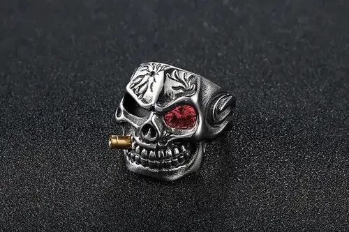Ring Of Fire Domineering Red Eye Skull Bite Bullet Ring Size ONE SIZE - 3 Thumbnail