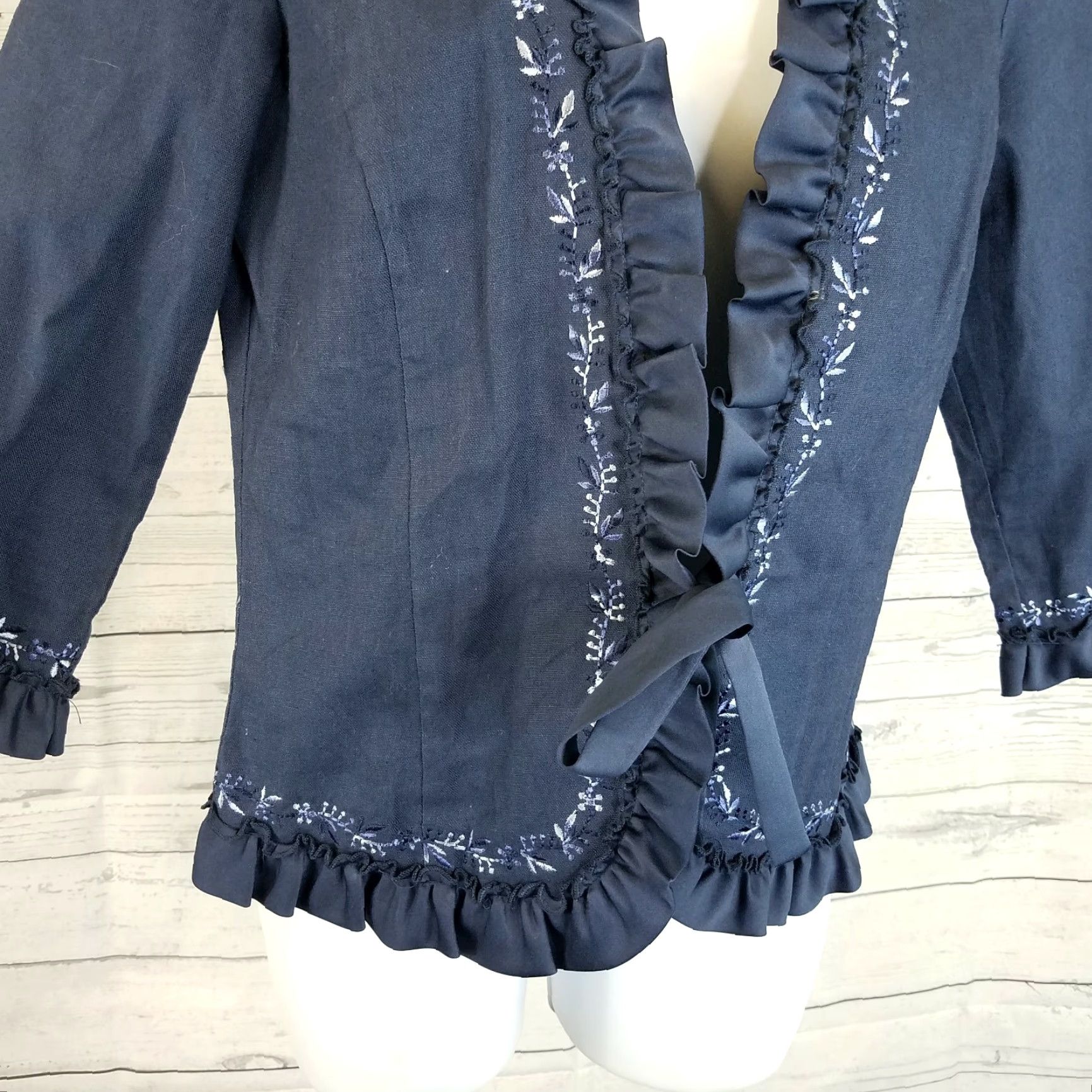 Vintage Vents D'Ailleurs Blazer Womens Jacket Floral Linen Blend Blue Size 4 Size S / US 4 / IT 40 - 4 Thumbnail