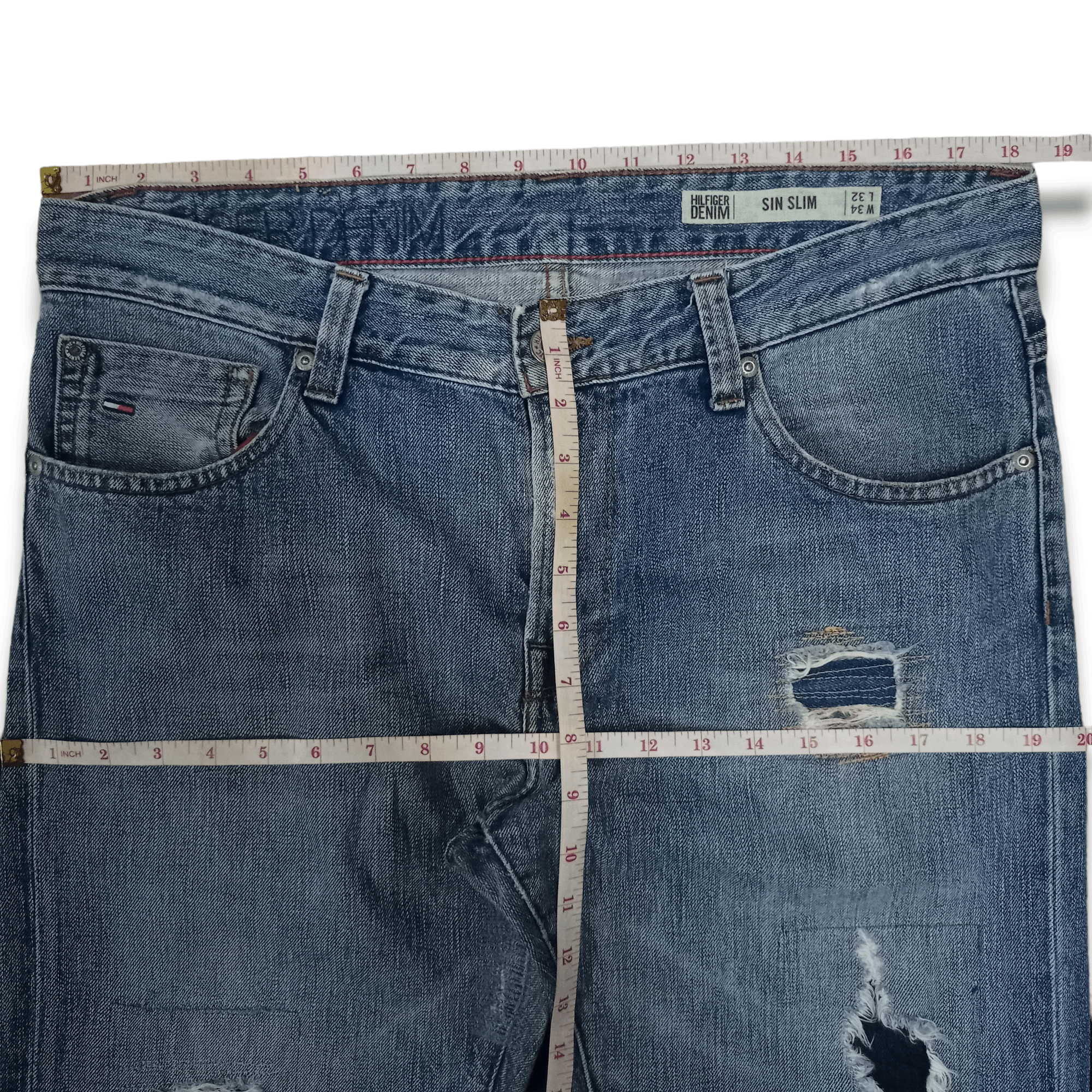 Tommy Hilfiger Vintage Tommy Hilfiger Blue Wash Ripped Patched Jeans 37x33 Size US 37 - 11 Thumbnail