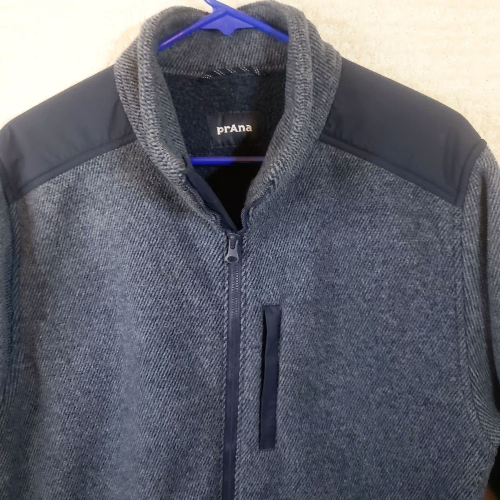 Prana Prana Men’s Full Zip Fleece Jacket Navy & Gray Herringbone Sherpa Zipper Pocket Pattern Comfort Casual Outdoor Cold Weather Size US L / EU 52-54 / 3 - 6 Thumbnail