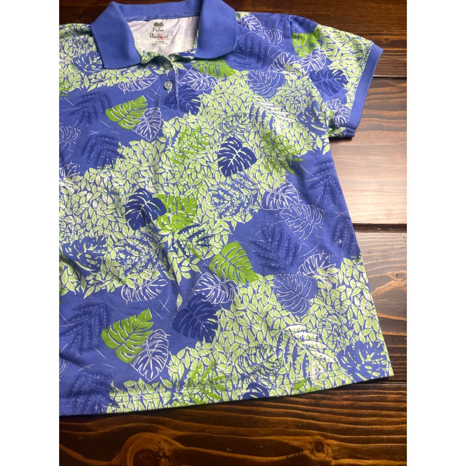 Vintage Palm Harbour Polo Shirt Womens XL Petite Blue Green Hawaiian Palm Leaves Polo Short Sleeve Casual Vintage No Size XL / US 12-14 / IT 48-50 - 3 Thumbnail