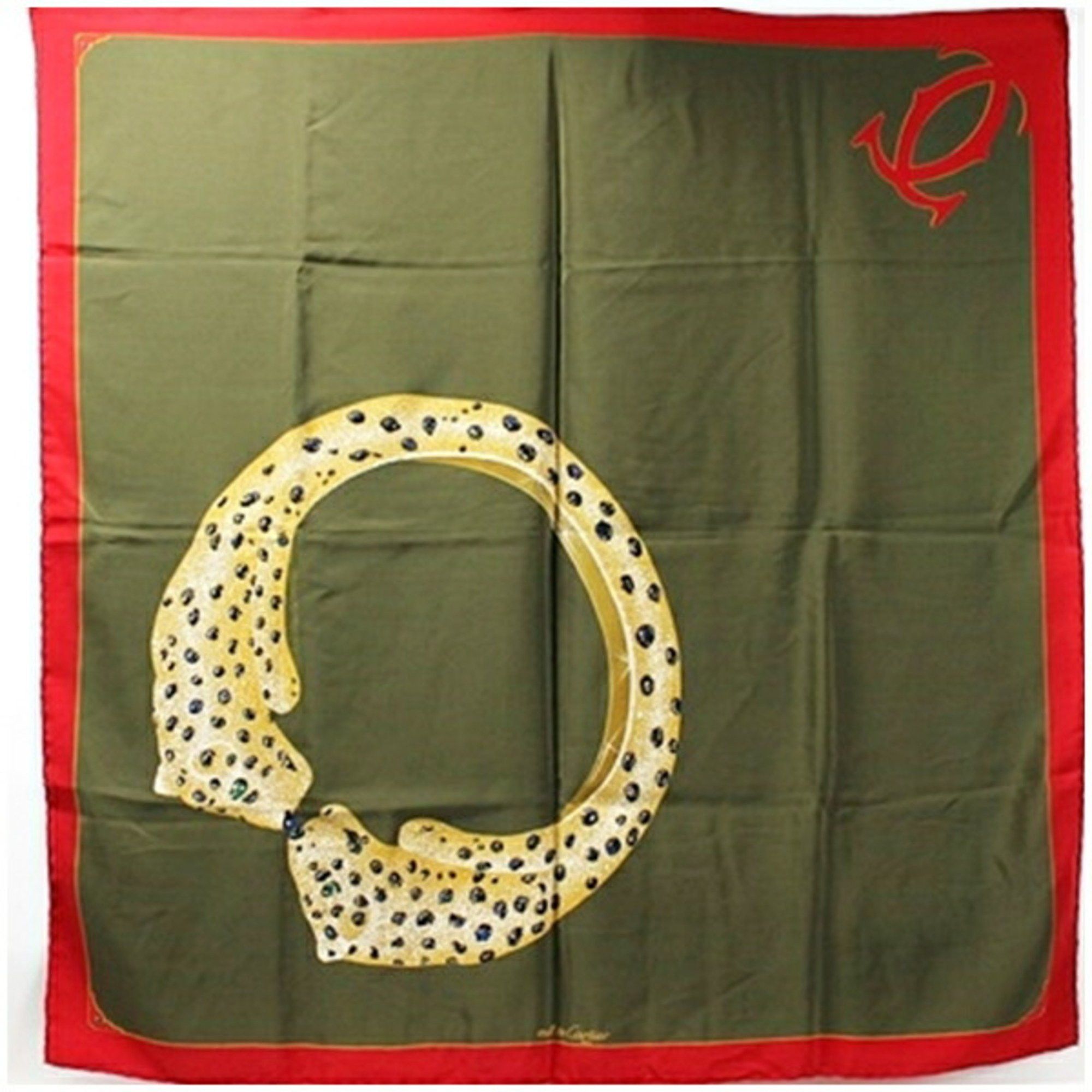 image of Cartier Must De Silk Scarf Muffler Panther Khaki X Red Ladies, Women's
