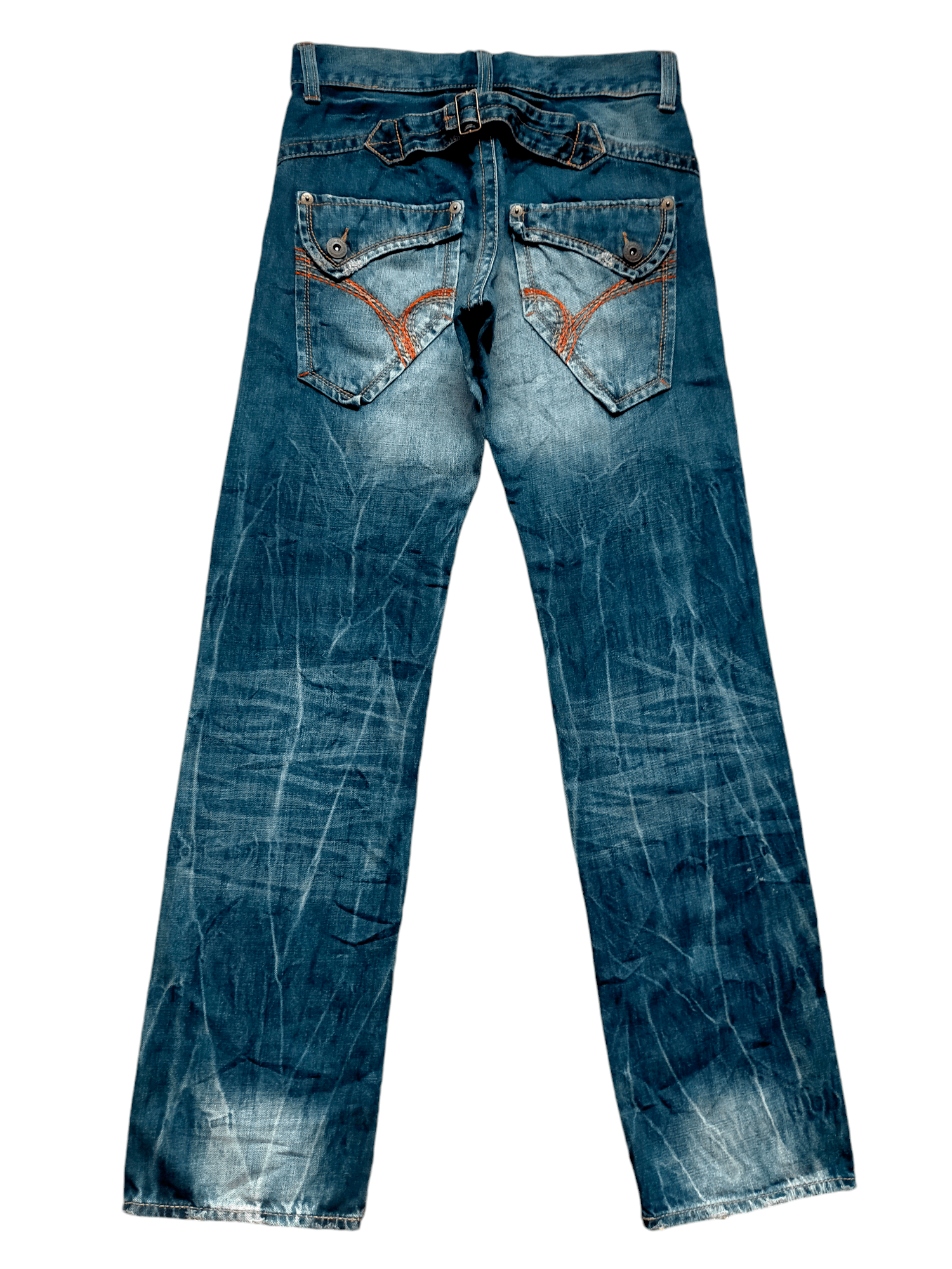 Back Number Acid Wash Bucklle Back Denim Pants