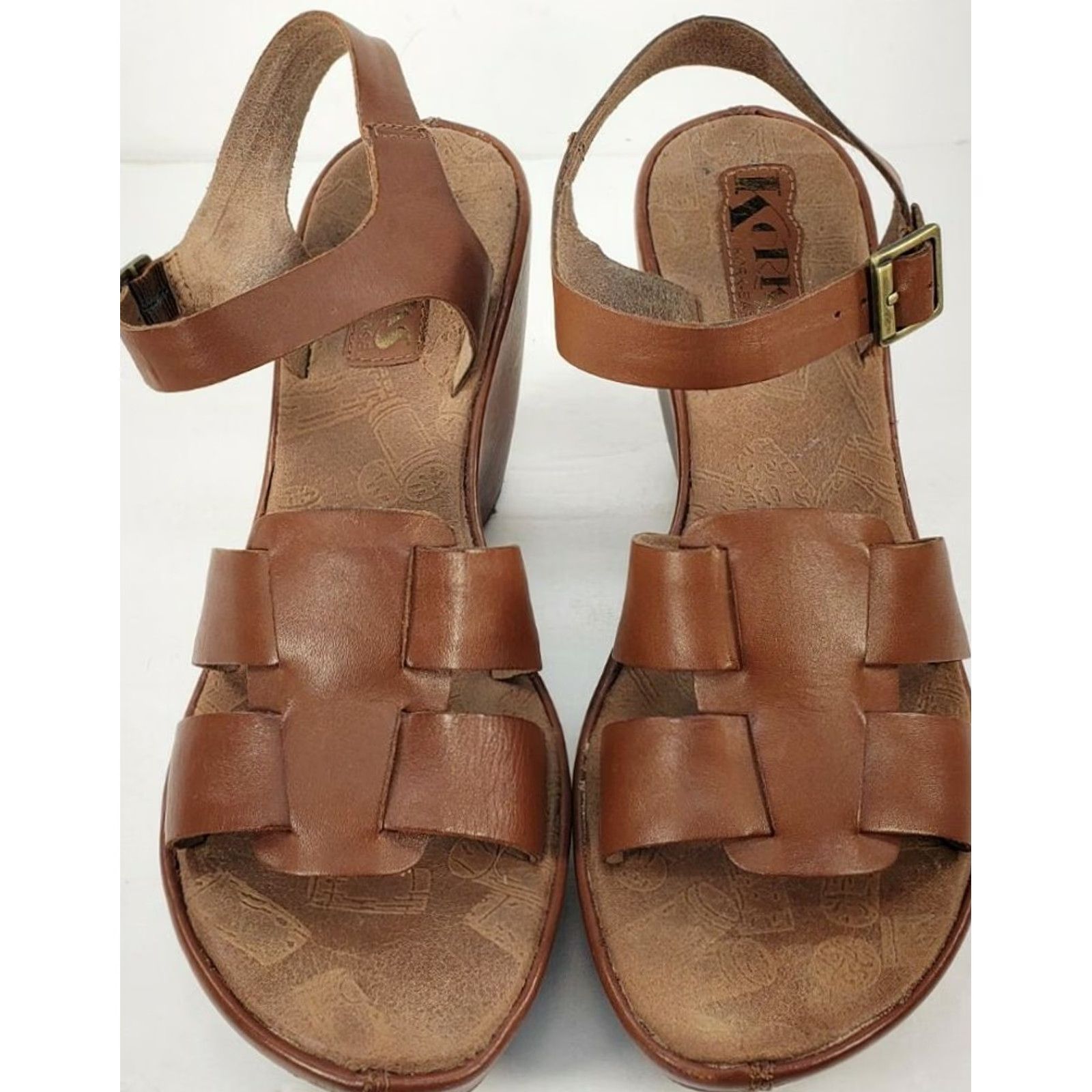 Vintage Korks by Kork-Ease Della Brown Leather Wedge Platform Sandals Women's 9M 40.5EU Green Offices? Size US 9 / IT 39 - 3 Thumbnail