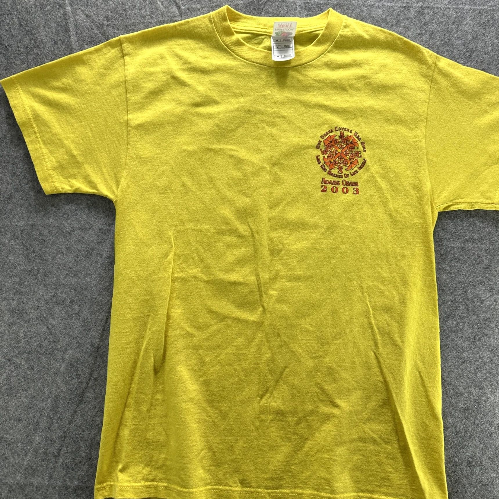Fruit Of The Loom VINTAGE Adams Ohana Shirt Mens M Yellow Graphic Print 2003 Hawaiian Tee 2000s Crew Neck T-Shirt Size US M / EU 48-50 / 2 - 3 Thumbnail
