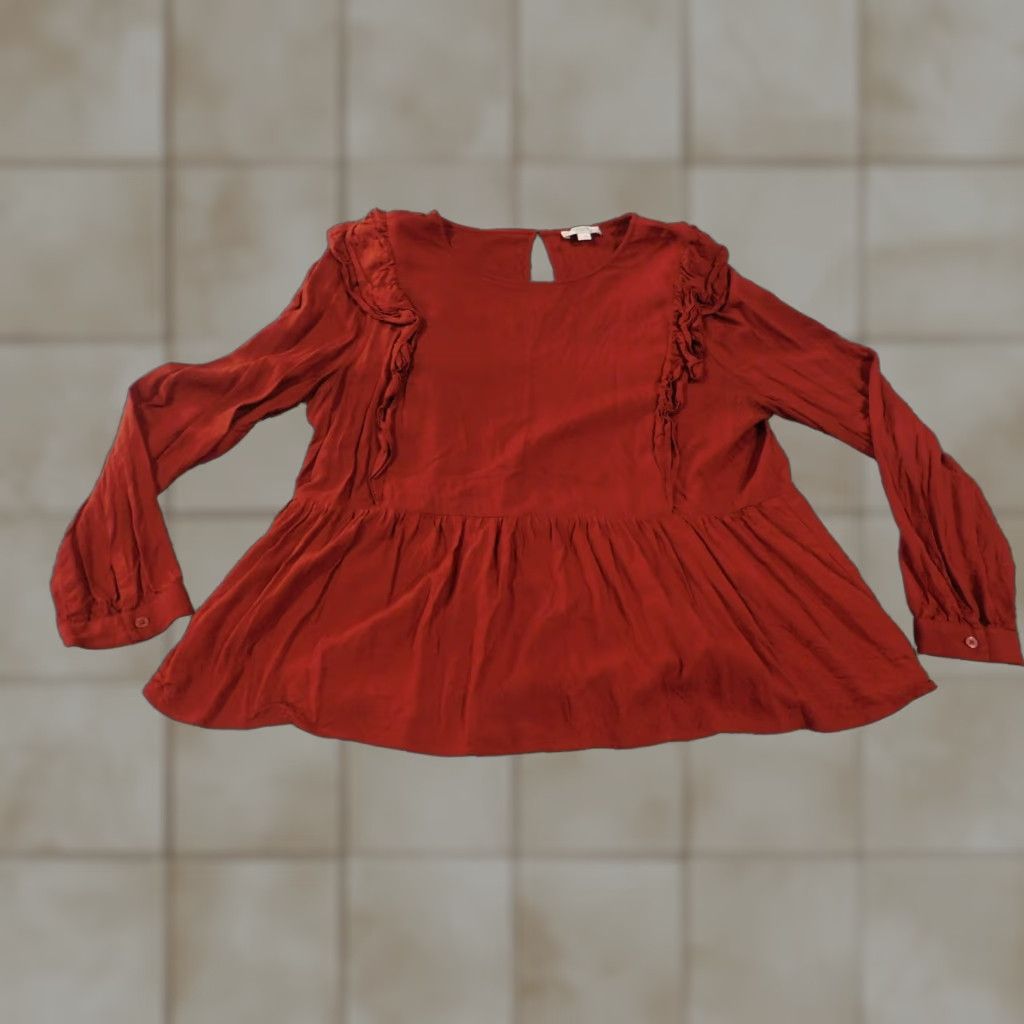 Loft Loft Blouse Shirt Women's Large Orange Knit Rayon Bell Sleeve Collared Pullover Casual Modern 90s-Style? (Note: This item is not vintage) Size L / US 10 / IT 46 - 1 Thumbnail
