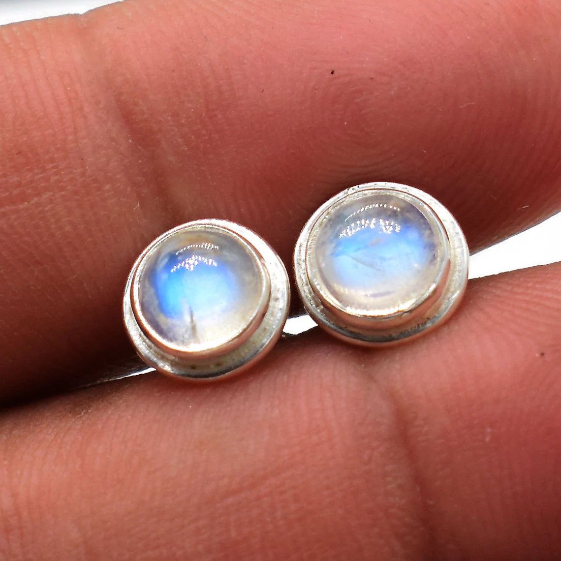Handmade Handmade Rainbow Moonstone Stud Earrings: 925K Silver Size ONE SIZE - 1 Thumbnail