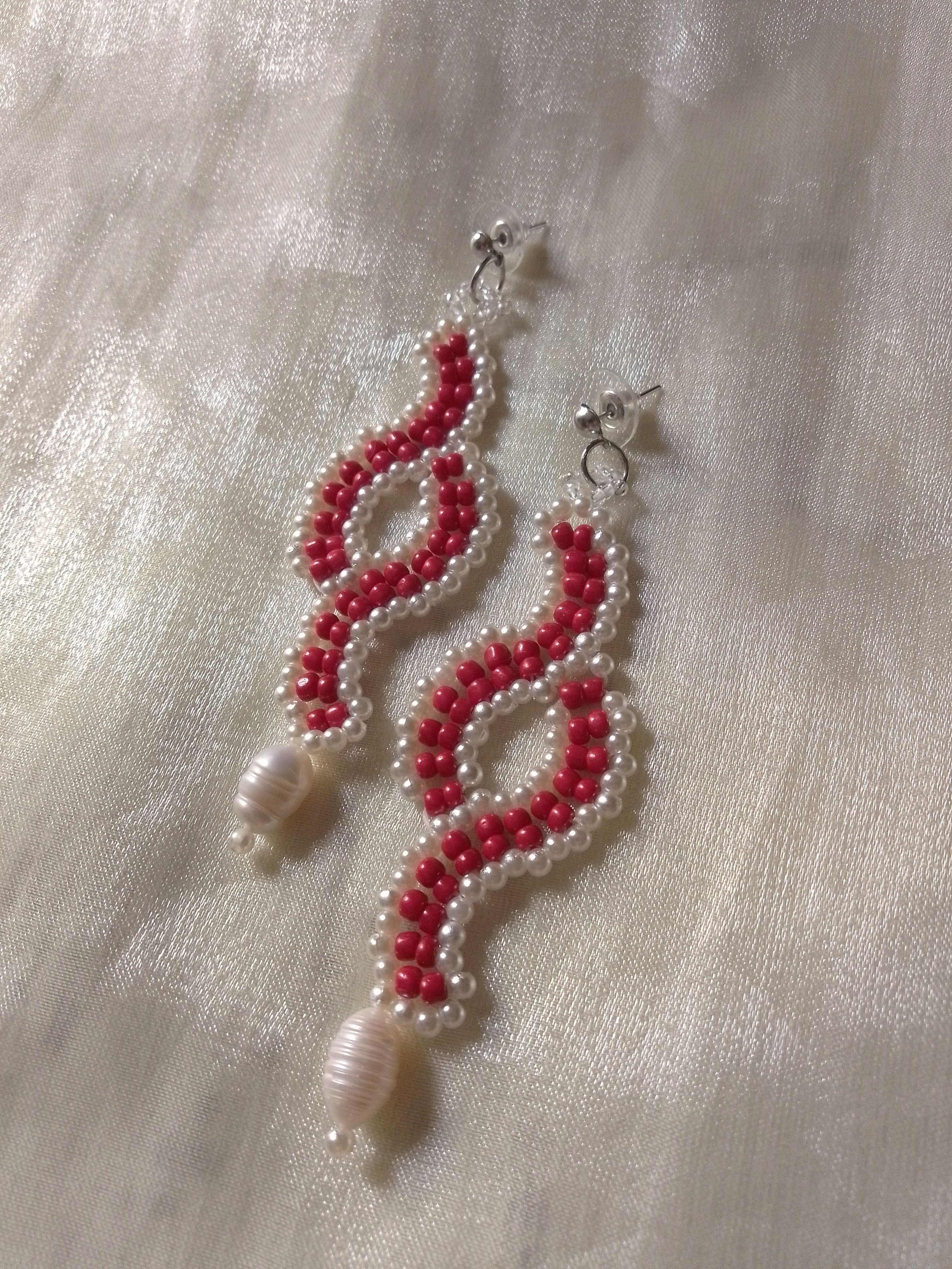 Handmade Long earrings red beaded with Freshwater pearls dangling Size ONE SIZE - 4 Thumbnail