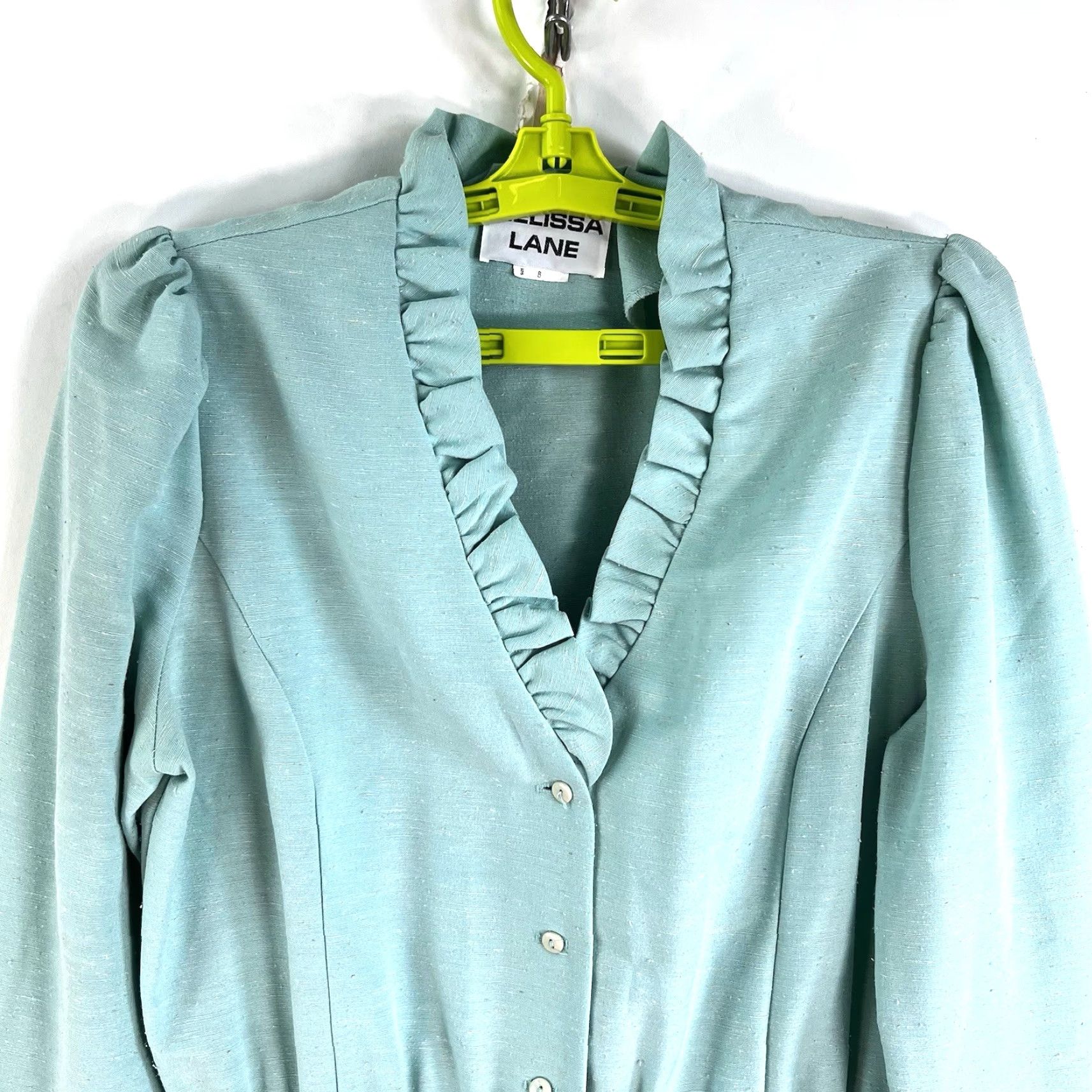 Vintage VINTAGE Lane Women's Midi Dress Silk Blend Ruffle Collar 80s Teal Green Size 8 Size M / US 6-8 / IT 42-44 - 2 Thumbnail