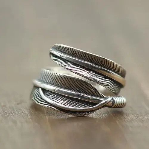 Ring Of Fire Sterling Silver 925 ring with adjustable Indian feather Size ONE SIZE - 1 Thumbnail