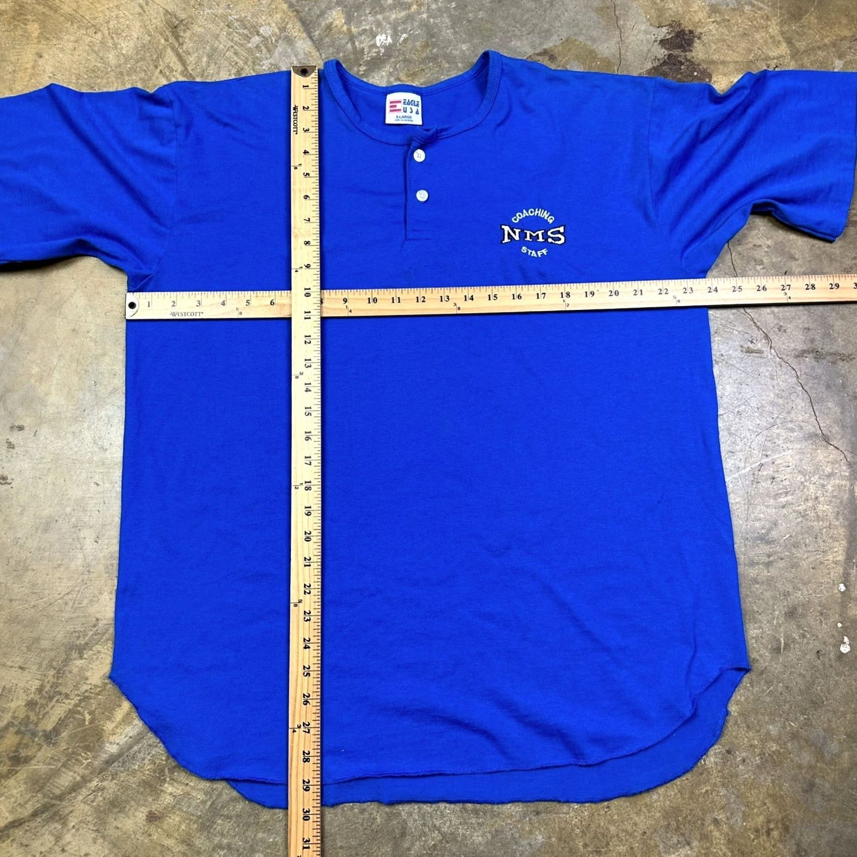Vintage VINTAGE 90s Eagles USA Coaching StaffT Shirt XL Blue Henley Short Sleeve Embroidered 50/50 Cotton/Poly Mens Size US XL / EU 56 / 4 - 5 Thumbnail