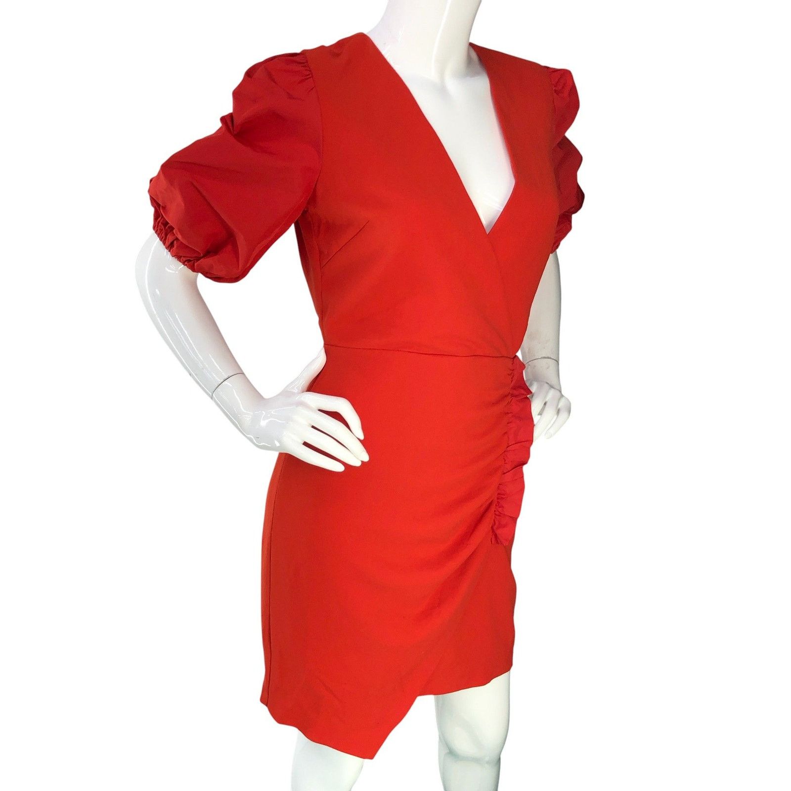 Pinko Pinko Dress 6 Red Puff Sleeve Ruched Wrap V Neck Cocktail Size M / US 6-8 / IT 42-44 - 10 Thumbnail