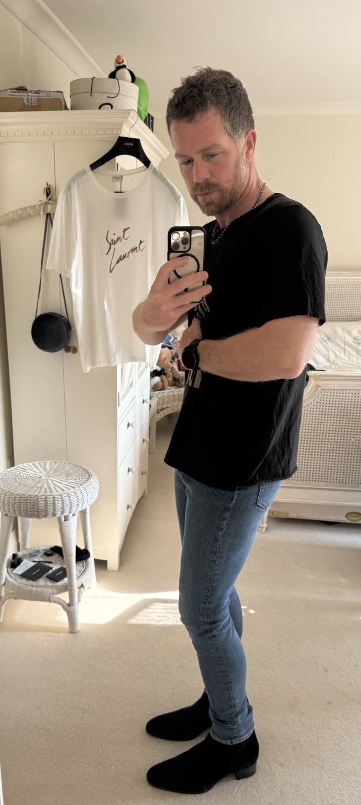 Saint Laurent Paris FW19 Saint Laurent heavy logo Black T shirt white logo L Size US L / EU 52-54 / 3 - 6 Thumbnail