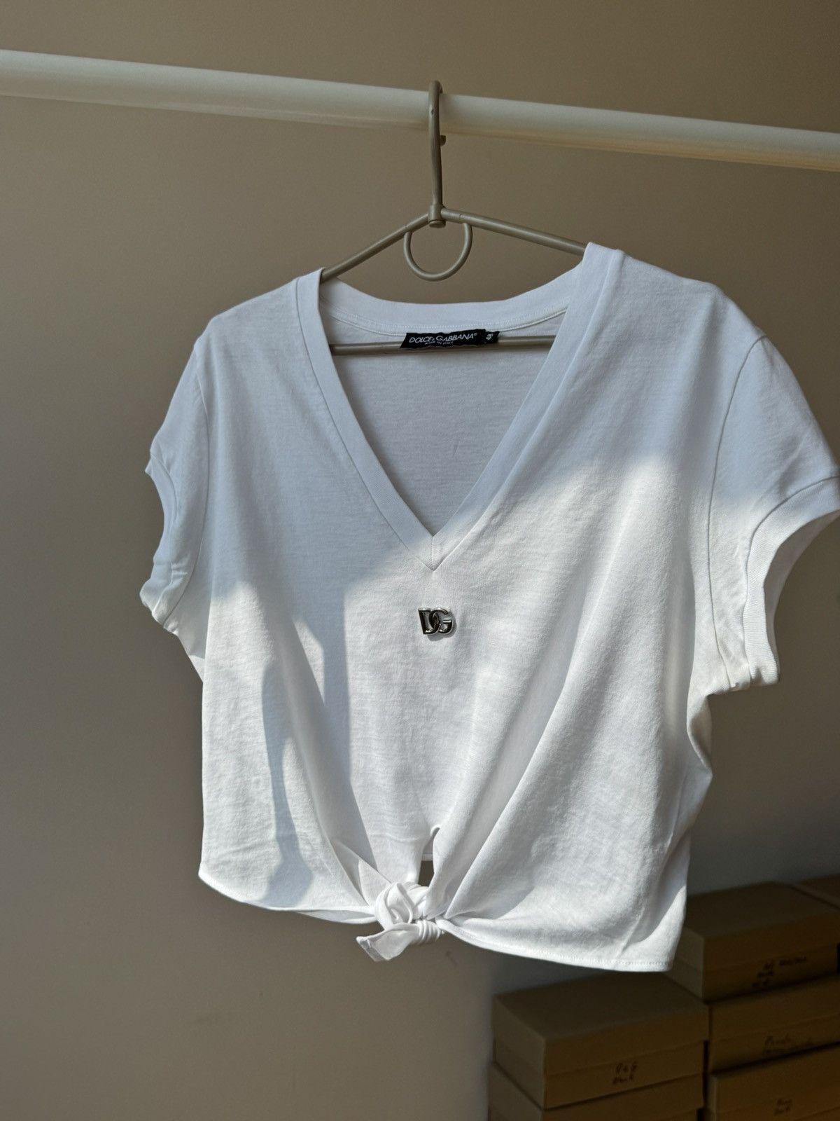 Dolce & Gabbana Dolce & Gabbana White Cropped Tie-Front Top Size XL / US 12-14 / IT 48-50 - 3 Thumbnail