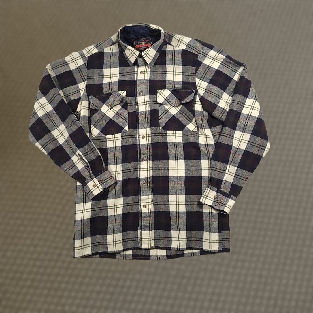 Vintage Back Packer Sportswear Shirt Mens LT Big & Tall Plaid Flannel Lined Navy Cream Blue | Button-Up | Long Sleeve | 100% Acrylic | Pocketed | Vintage No Size US L / EU 52-54 / 3 - 1 Thumbnail