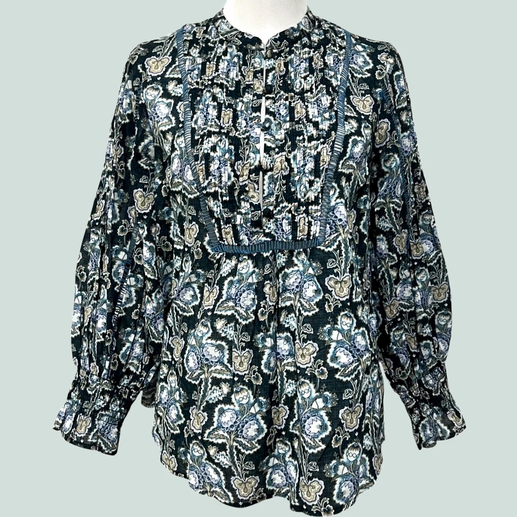 Anthropologie By Anthropologie Henley Peasant Blouse Blue Floral Popover 100% Cotton Womens S Size S / US 4 / IT 40 - 1 Thumbnail