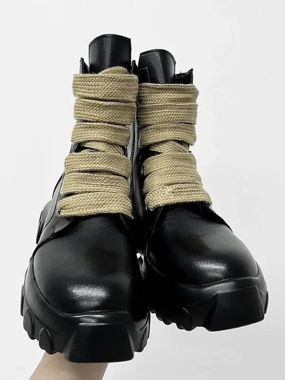 Leather Black Chunky Combat Boots with Beige Laces, Platform Boots Size US 9 / EU 42 - 7 Thumbnail